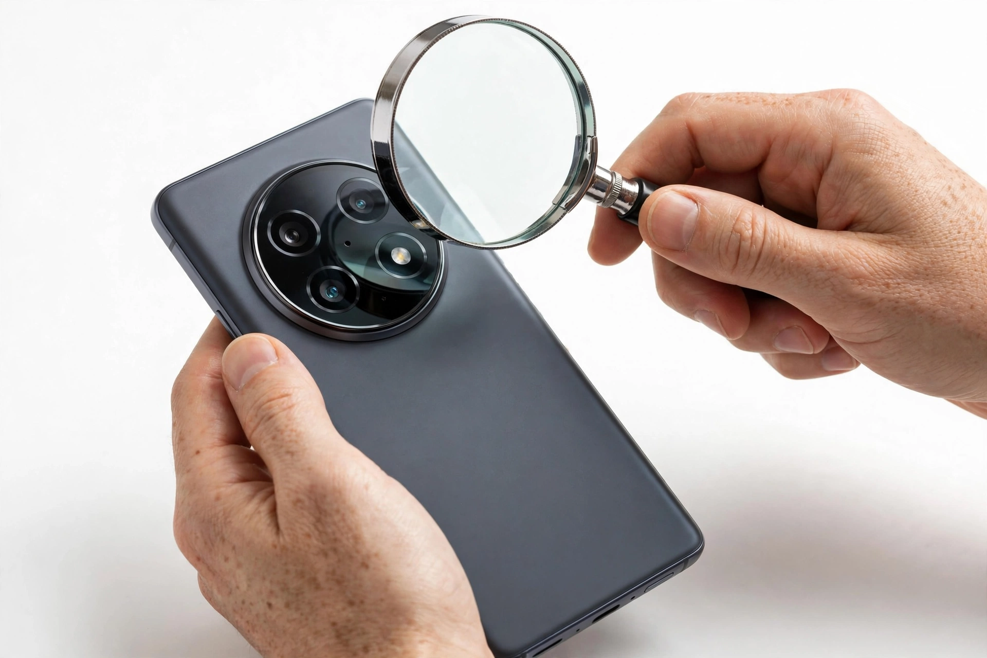 Hands examining a smartphone with magnifying glass for authenticity check