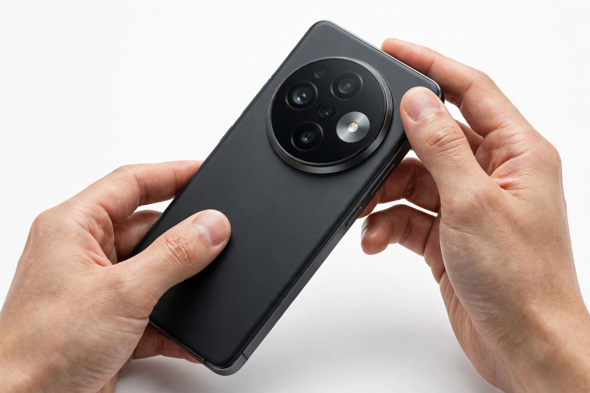 Modern smartphone with circular camera module being inspected