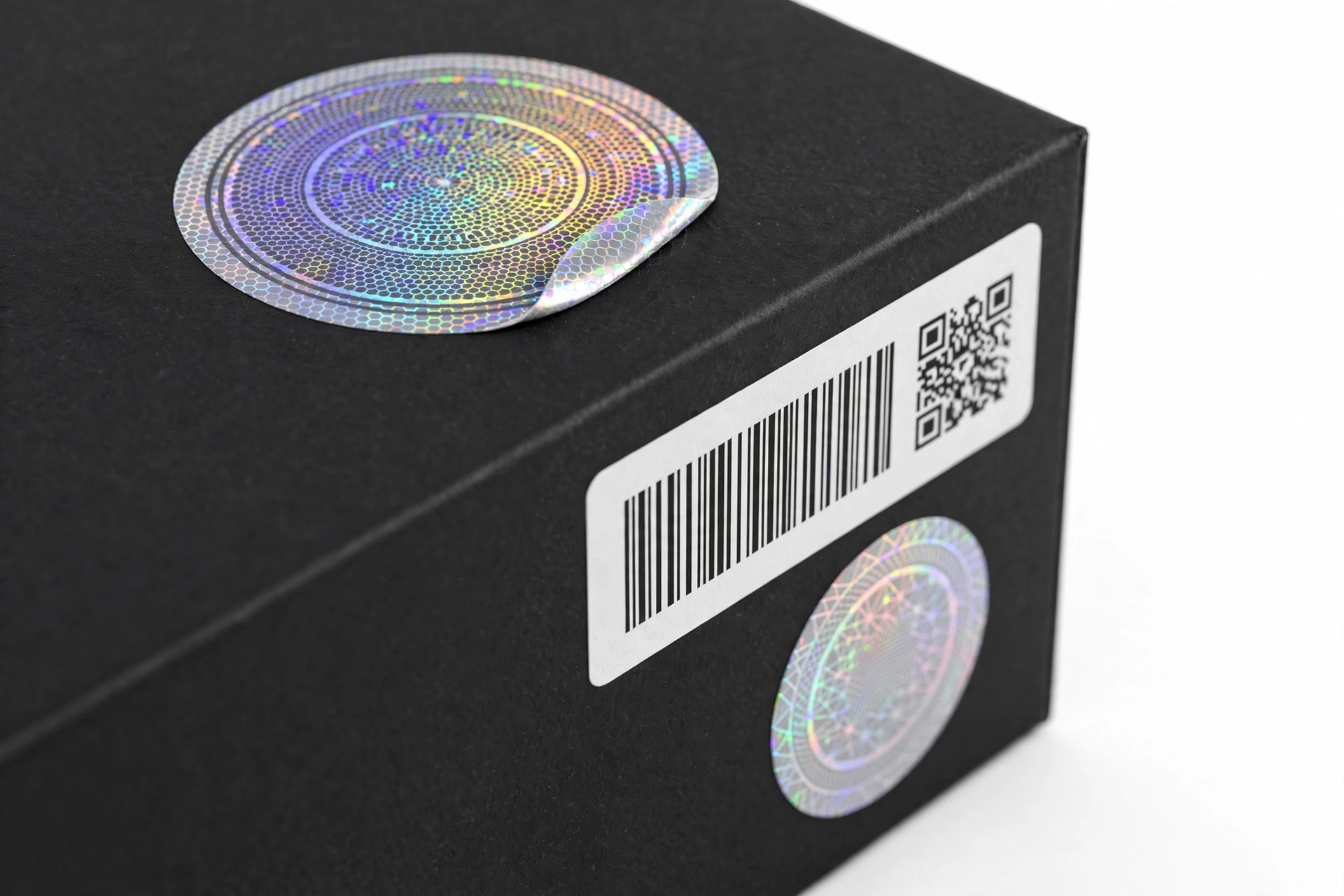 Smartphone retail box with verification seals close-up