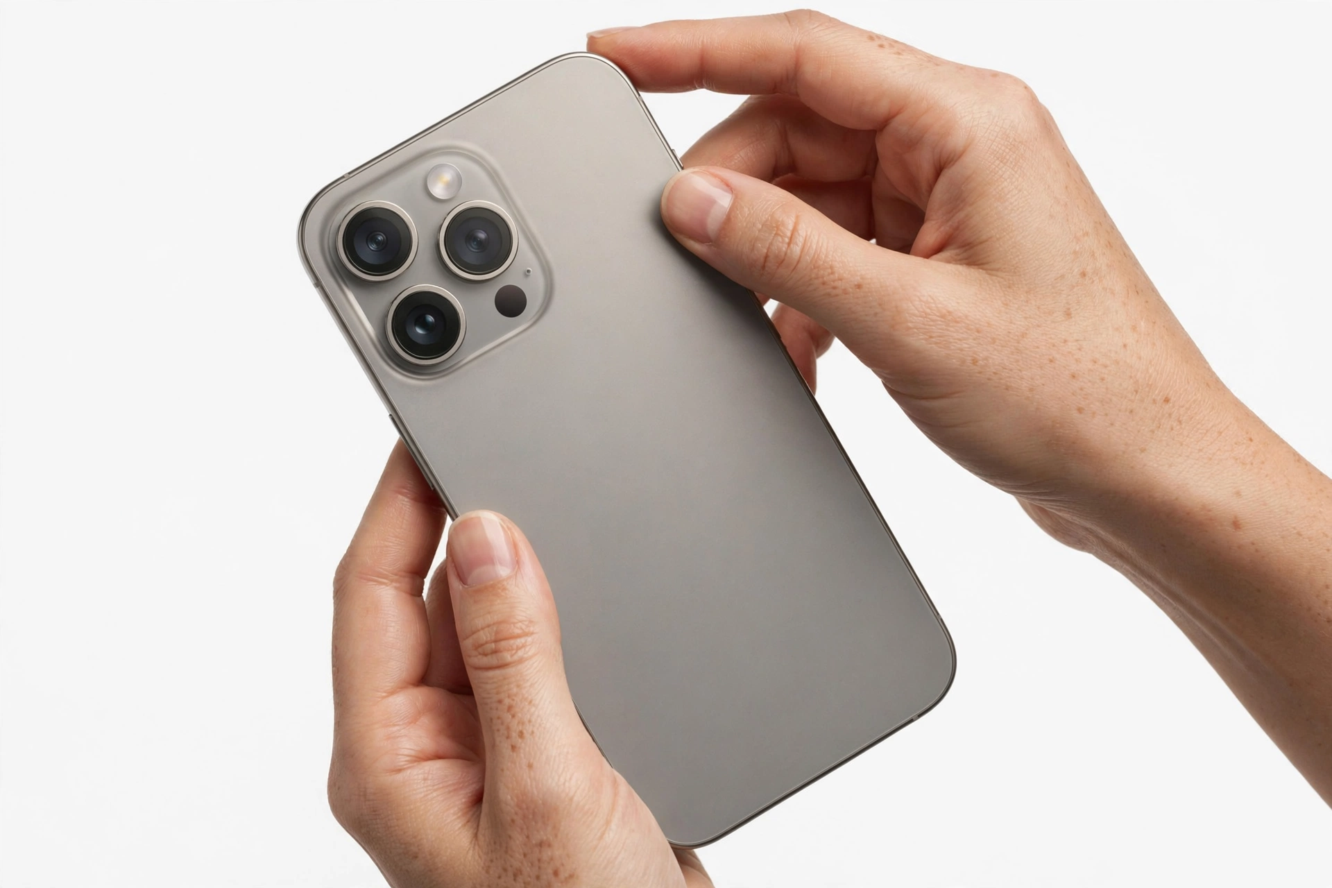 Hands examining a premium smartphone for authenticity