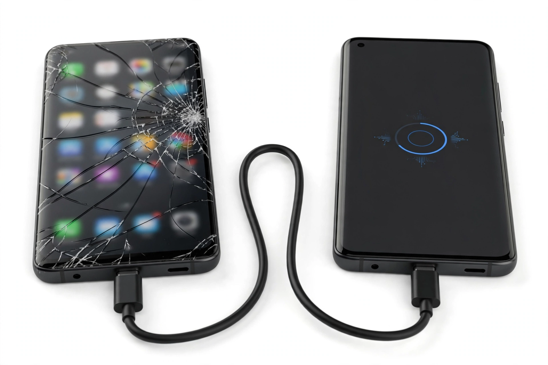 Two smartphones connected by USB cable transferring data, one with cracked screen