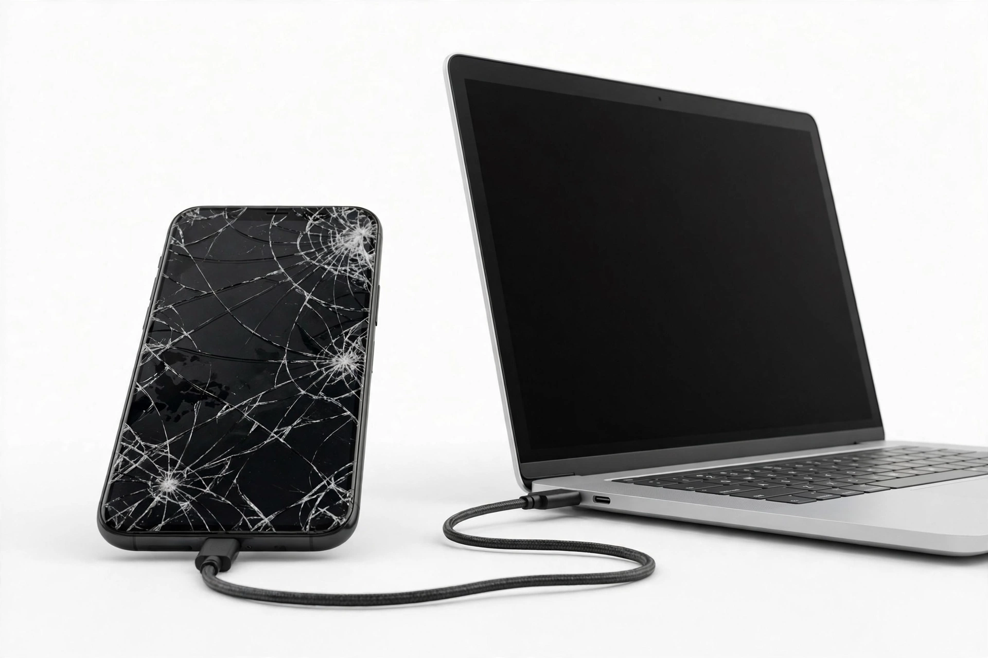 Broken smartphone with cracked screen next to laptop for data recovery