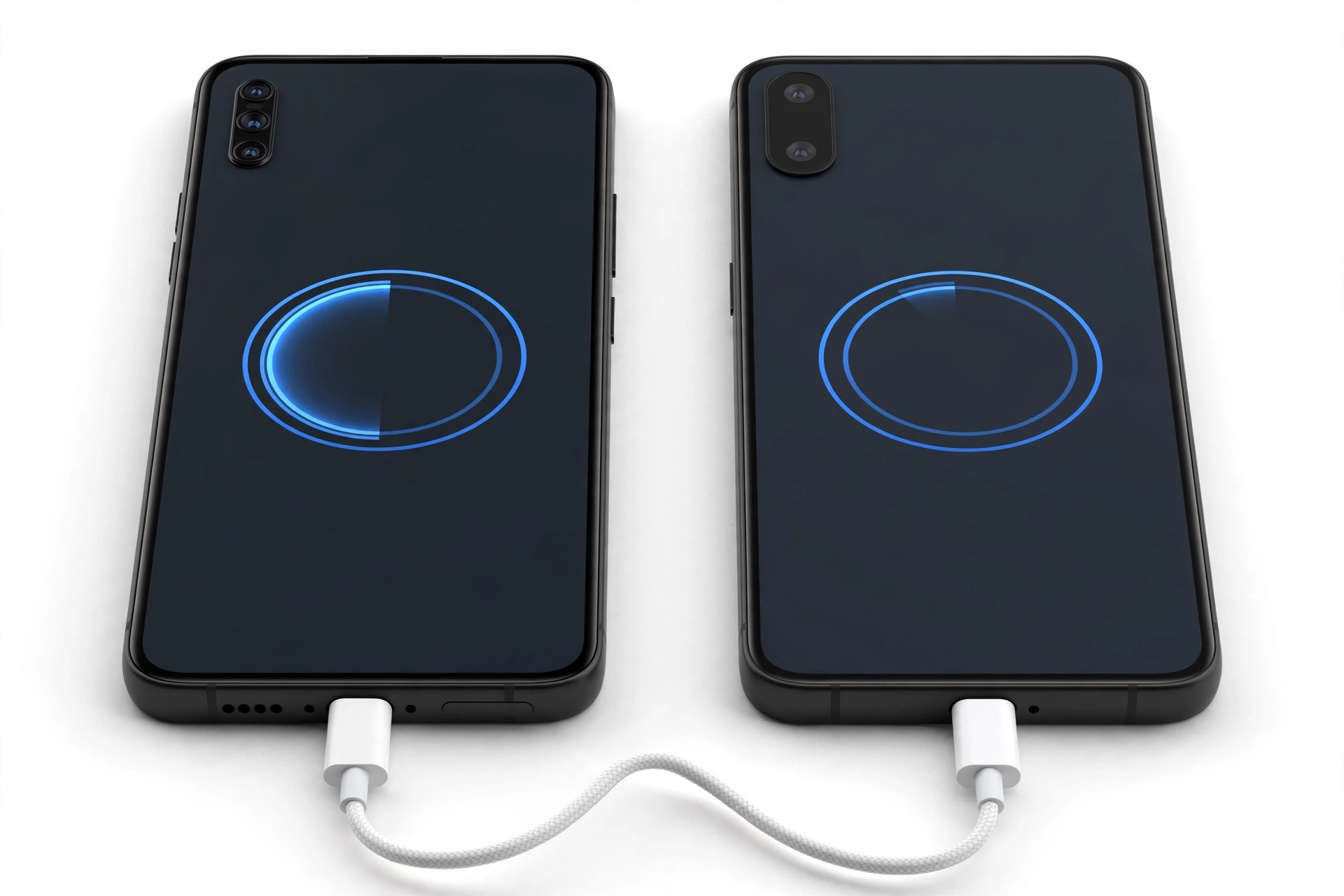 Two smartphones connected by USB cable, data transfer in progress