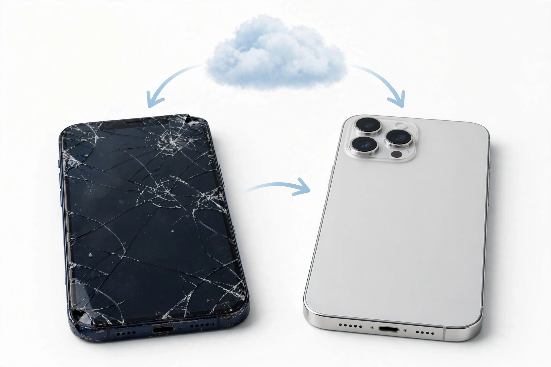 Damaged cracked smartphone next to new smartphone, cloud backup concept