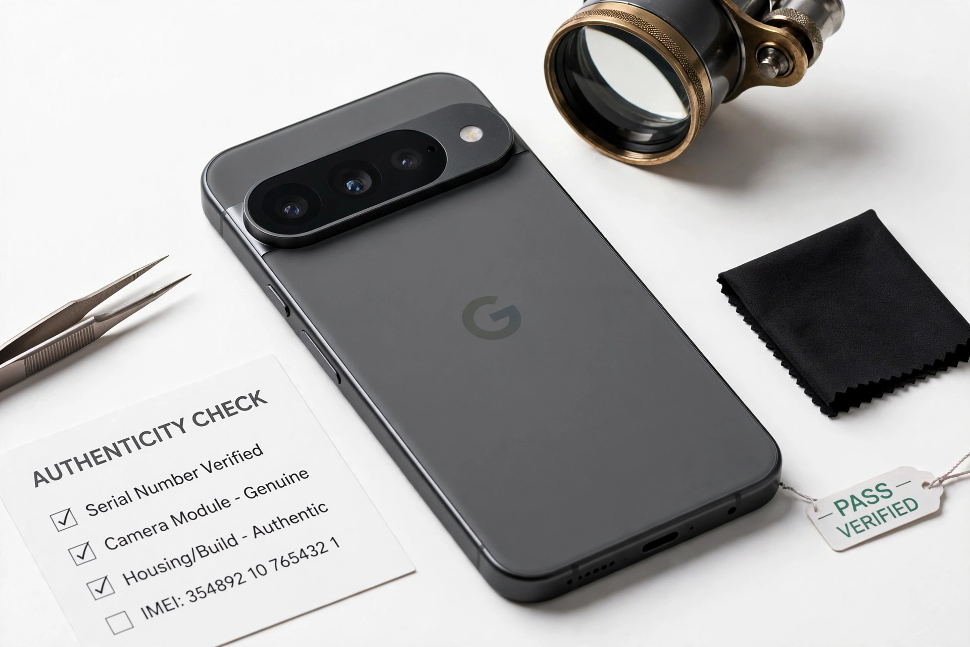 Google Pixel style smartphone with camera bar being examined for authenticity