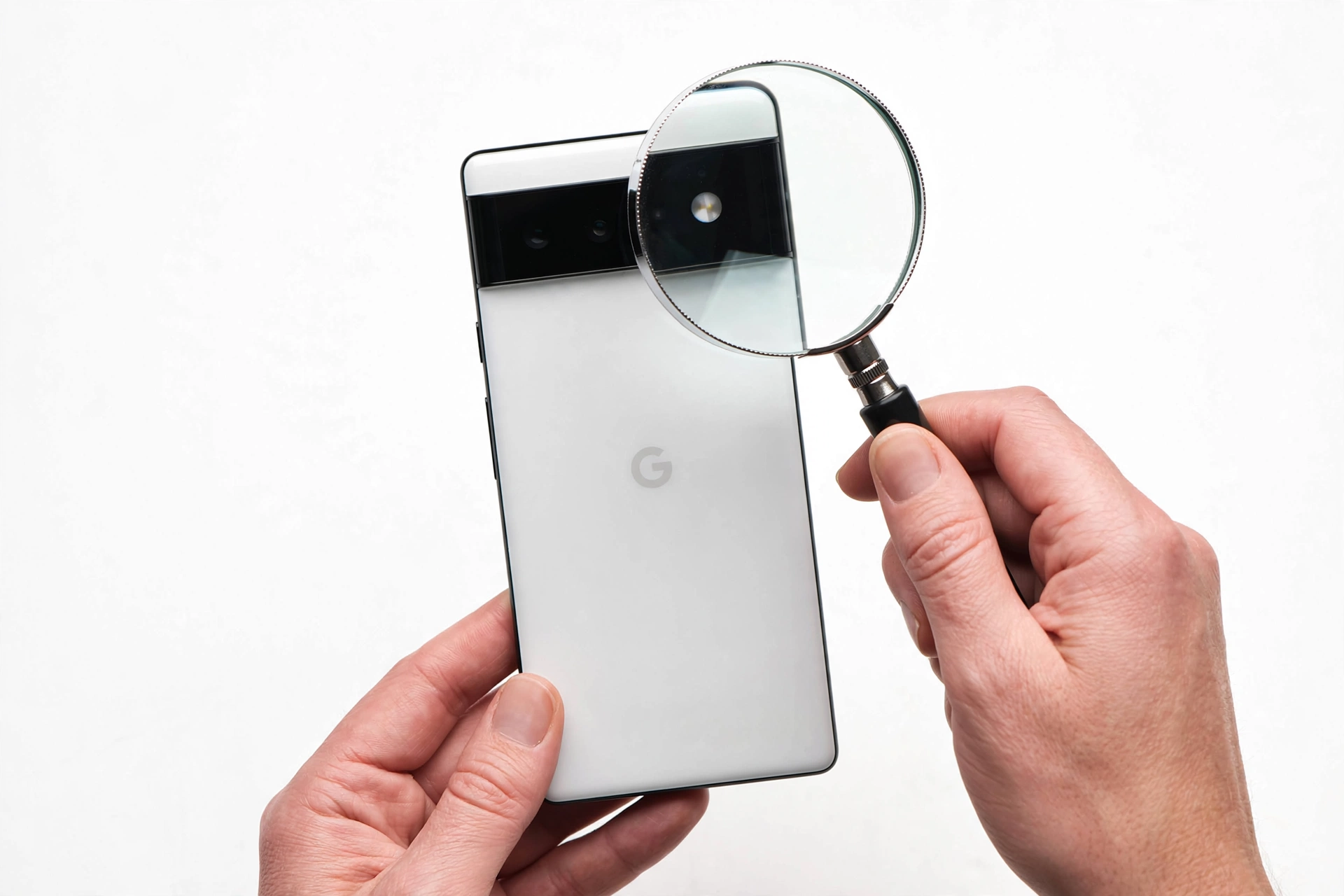 Person examining a Pixel-style smartphone with magnifying glass