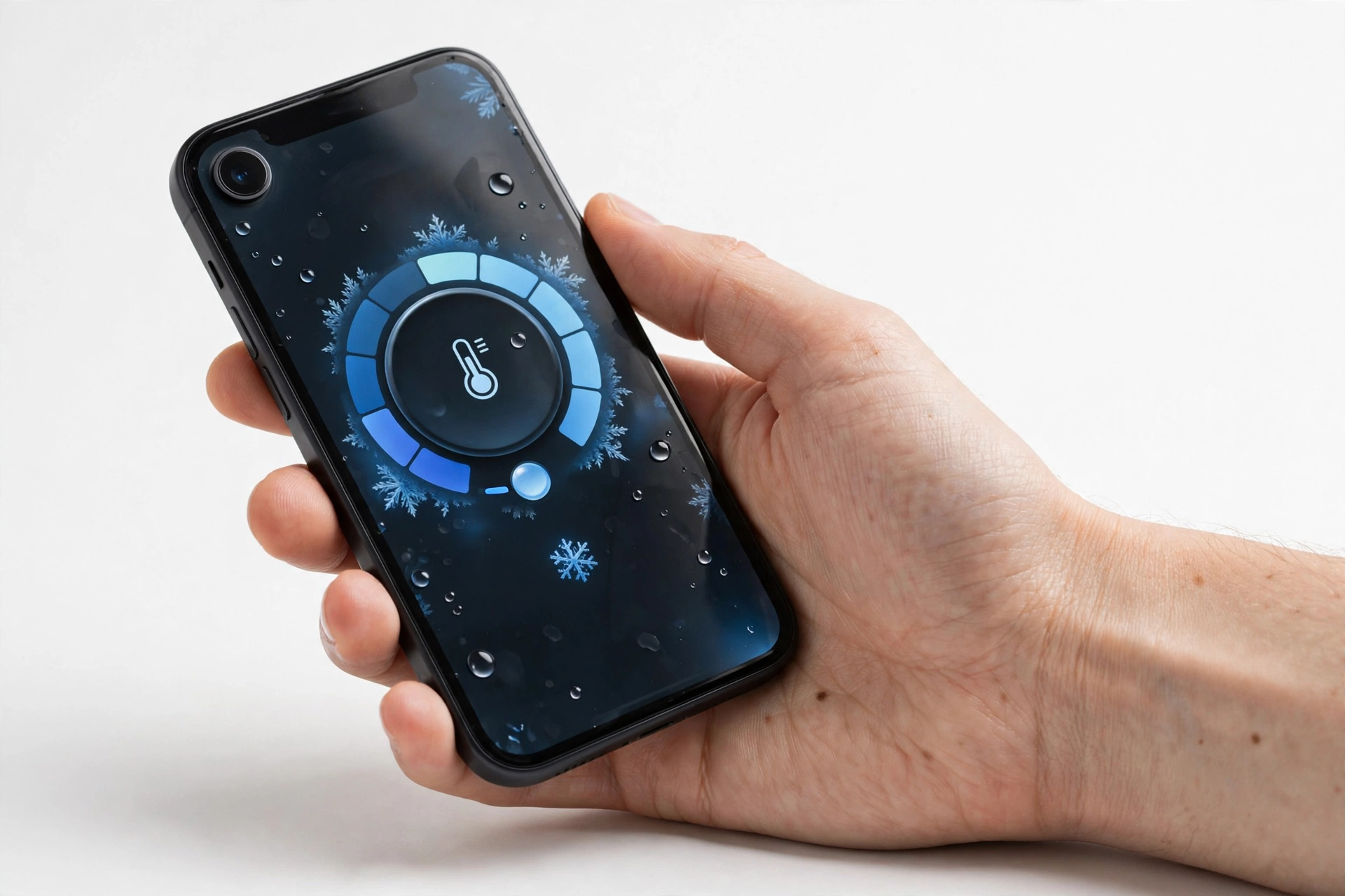 Hand checking iPhone temperature settings, cooling guidance