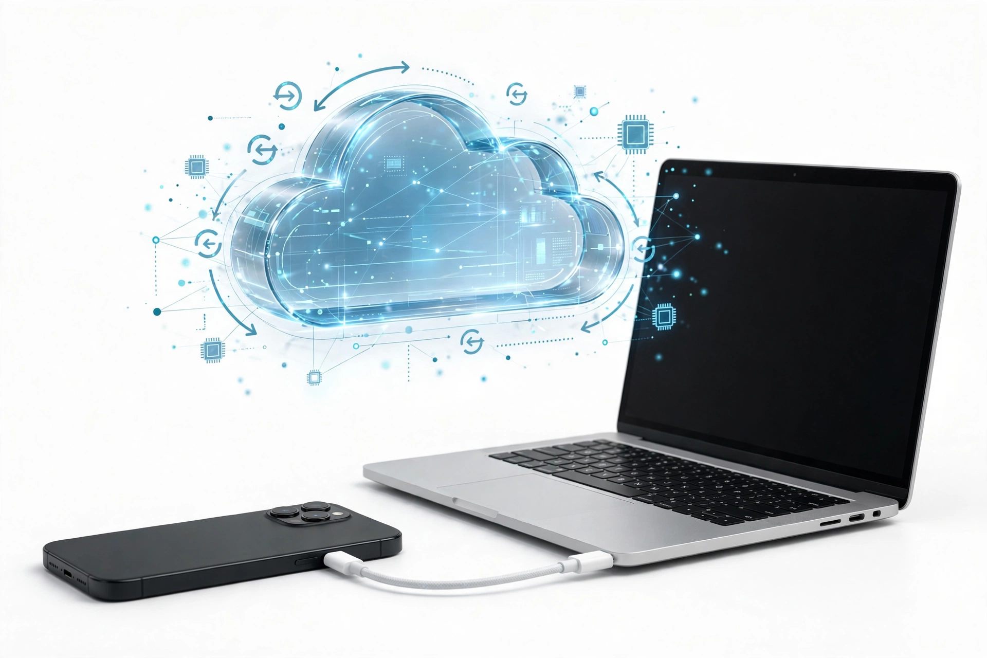 Smartphone connected to laptop with cloud backup concept