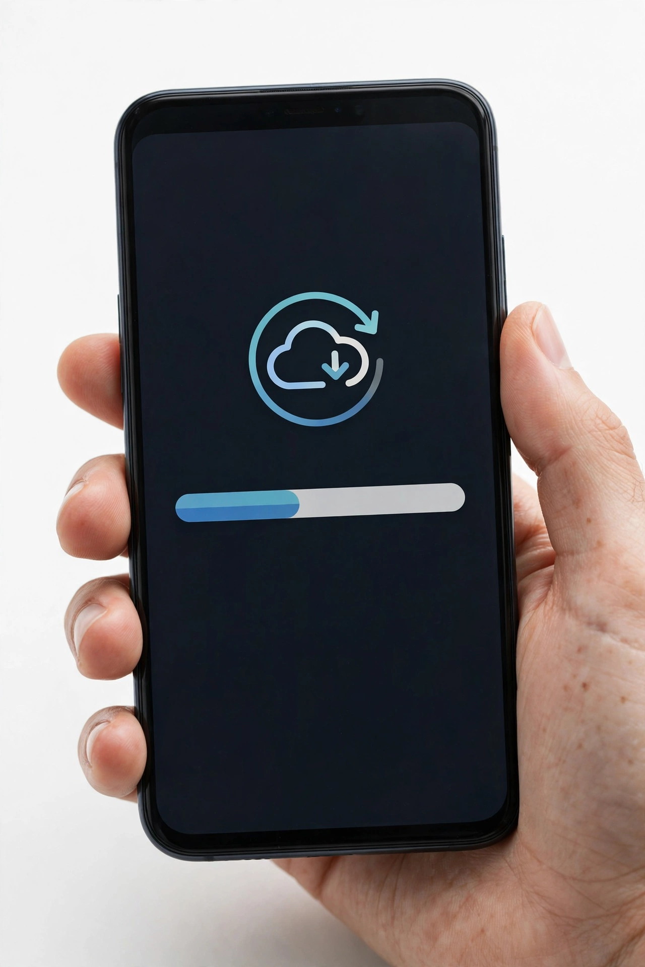 Hand holding smartphone showing backup progress screen