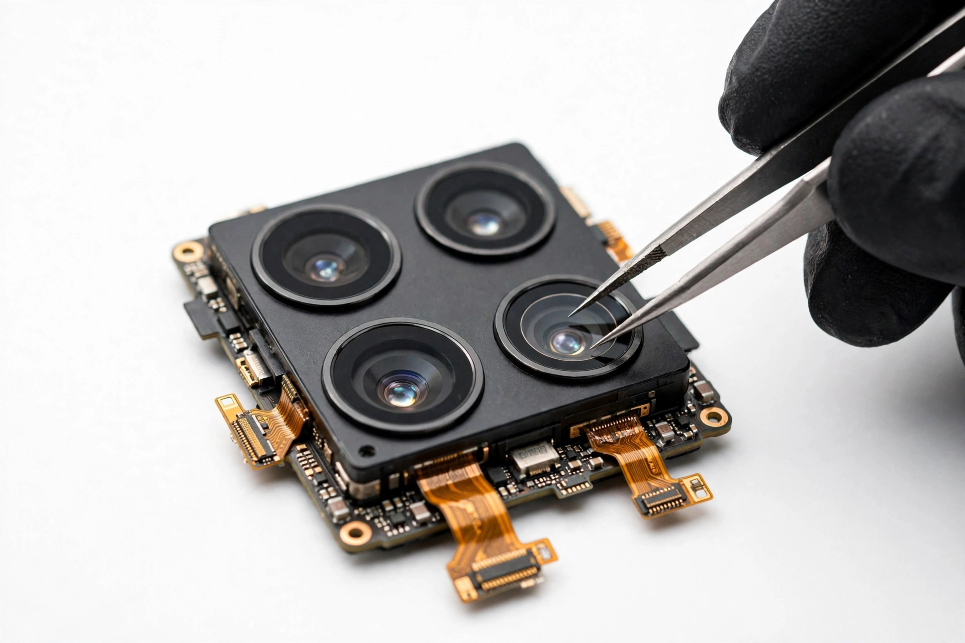 Close-up of smartphone rear camera module being inspected