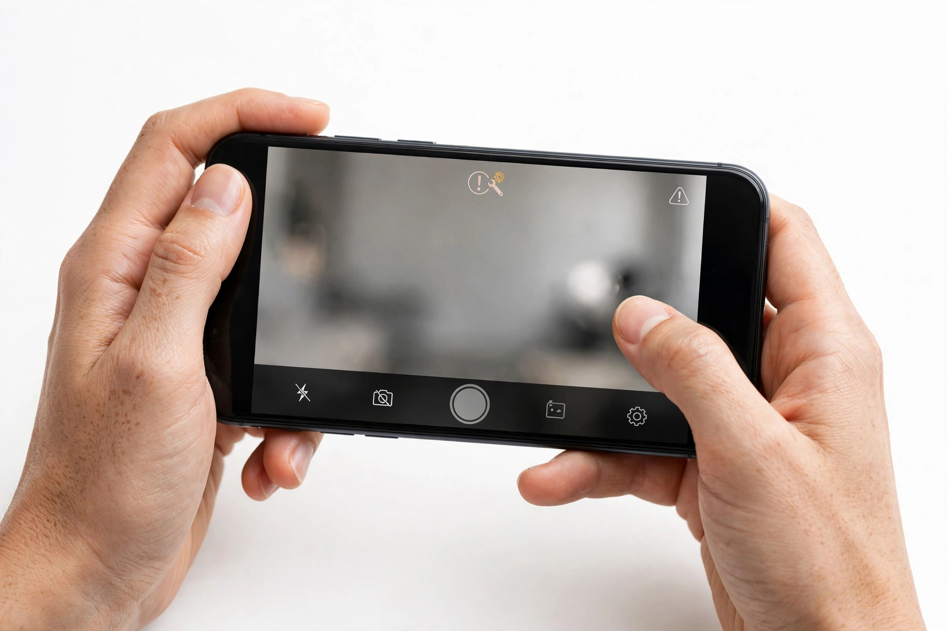 Hands holding smartphone with camera app open, troubleshooting camera issue