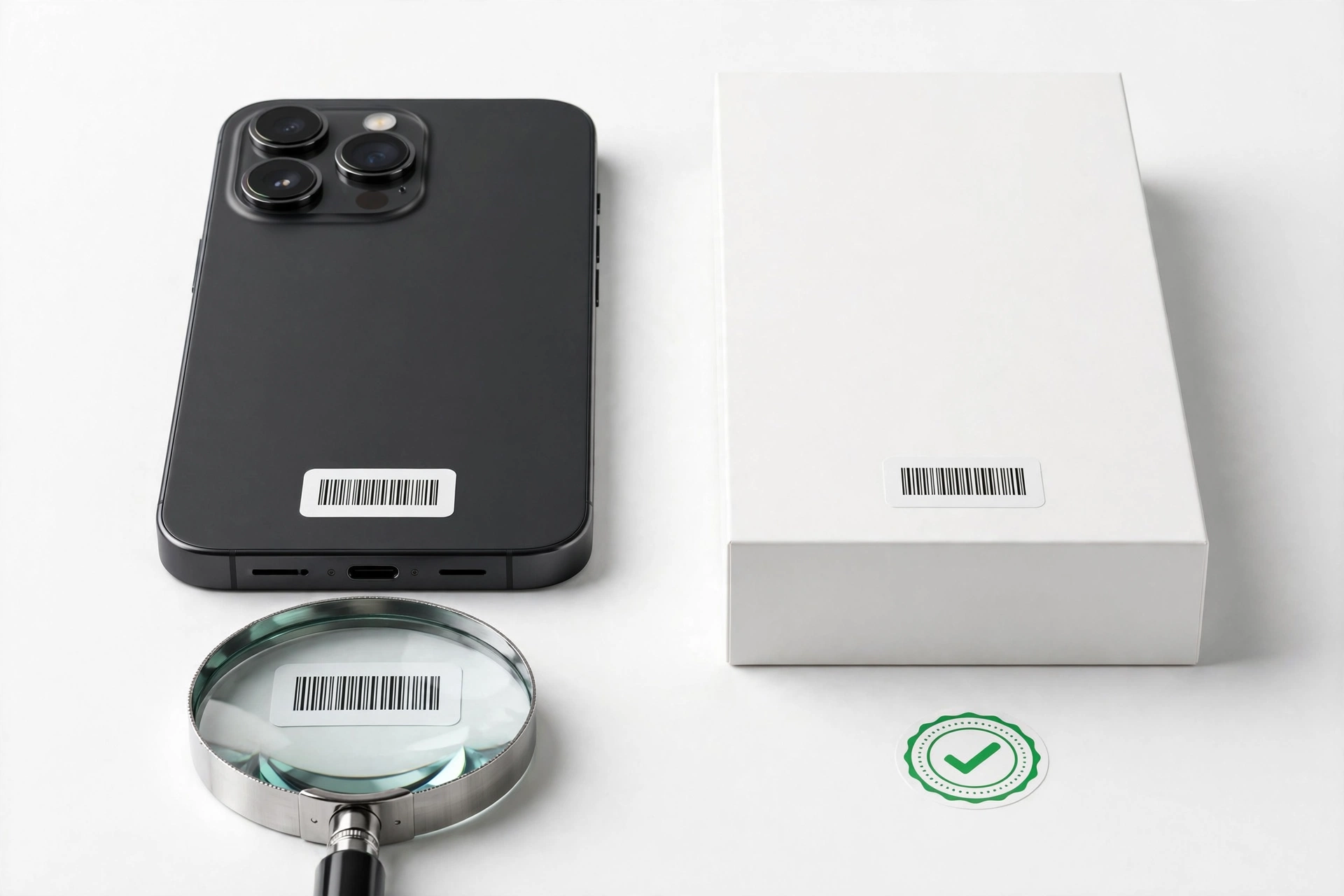 Smartphone compared side by side with retail box checking serial numbers