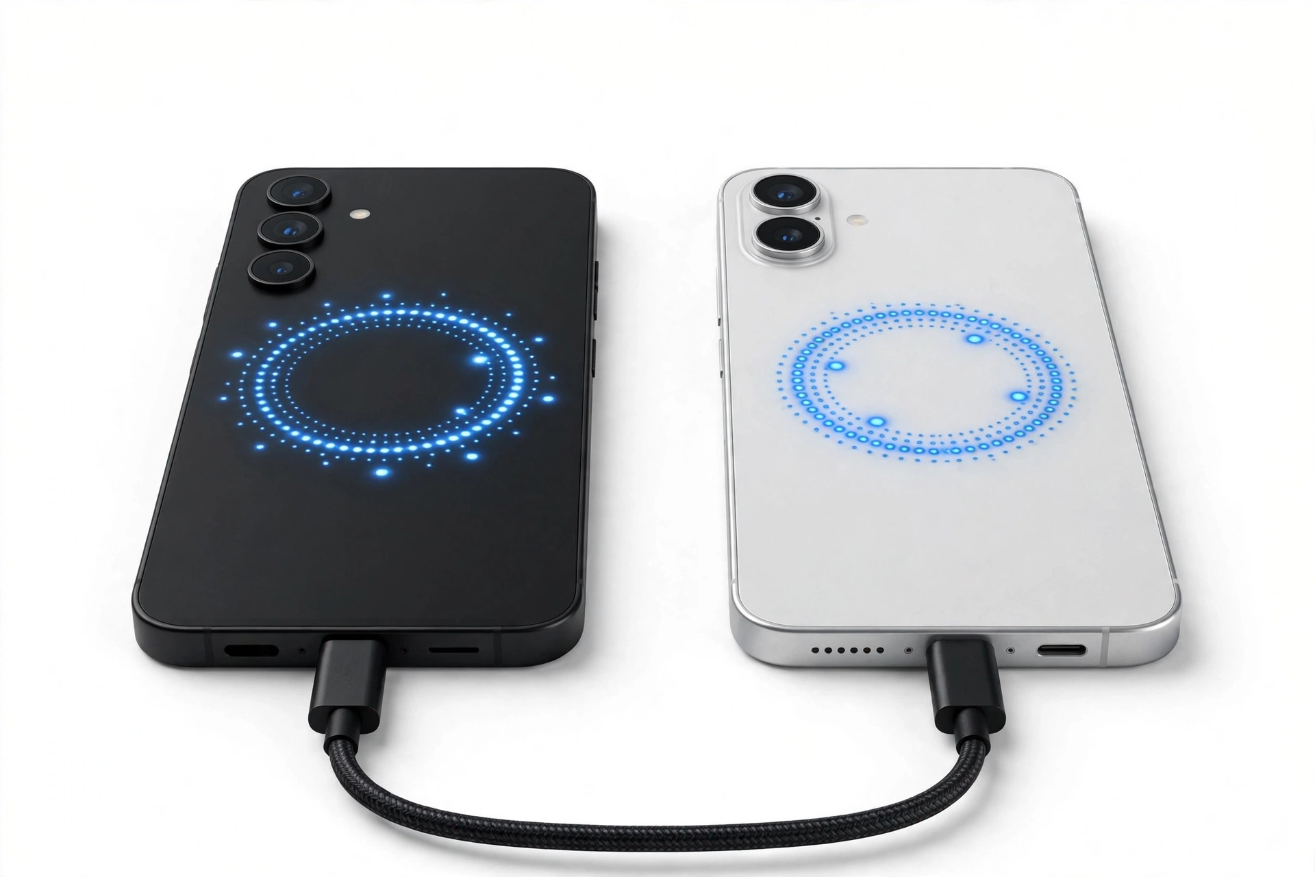 Two smartphones side by side connected by cable transferring data