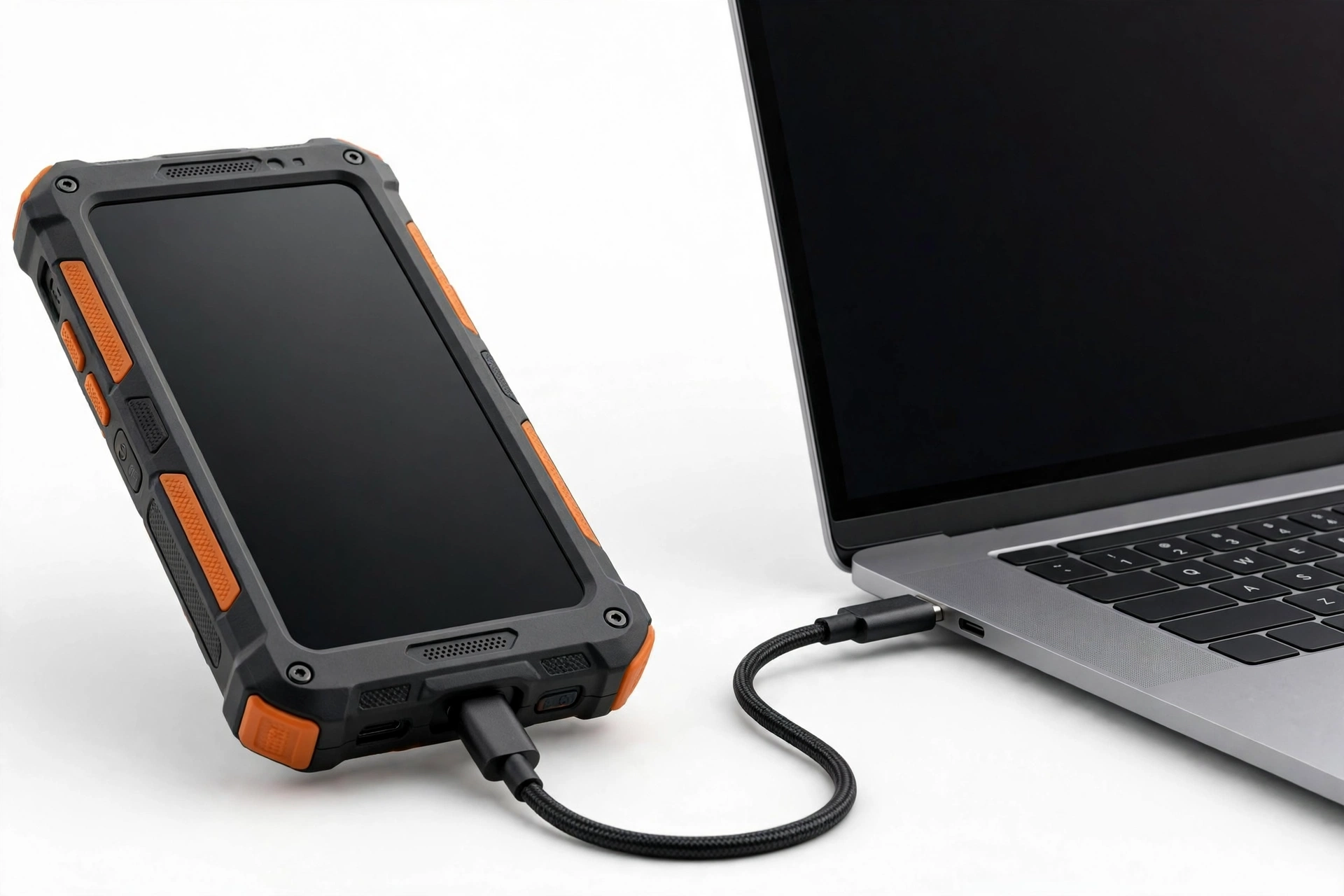Rugged smartphone connected by cable to a laptop for data backup
