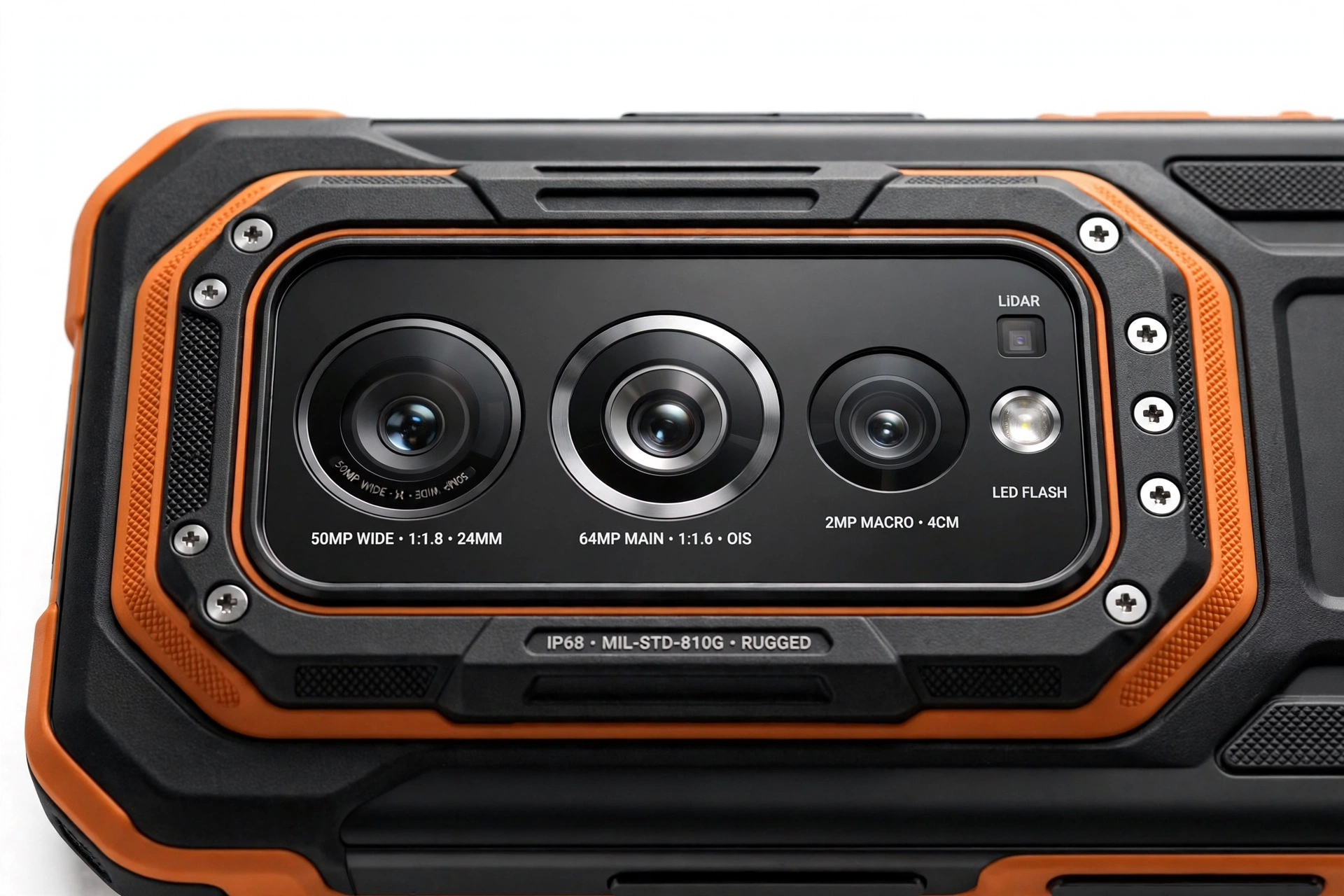 Close-up of a rugged smartphone camera module showing lens detail