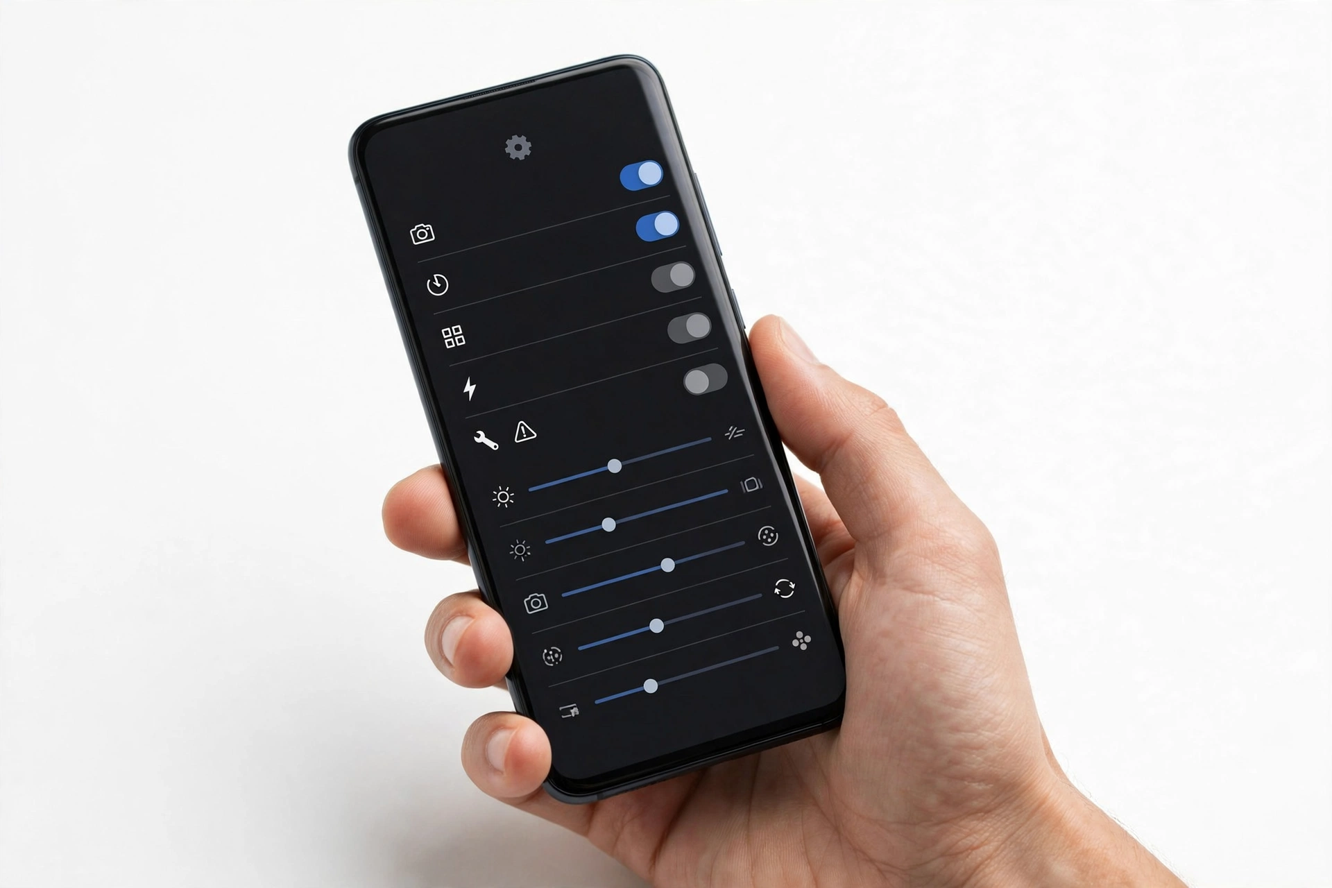Hand holding smartphone checking camera settings for troubleshooting