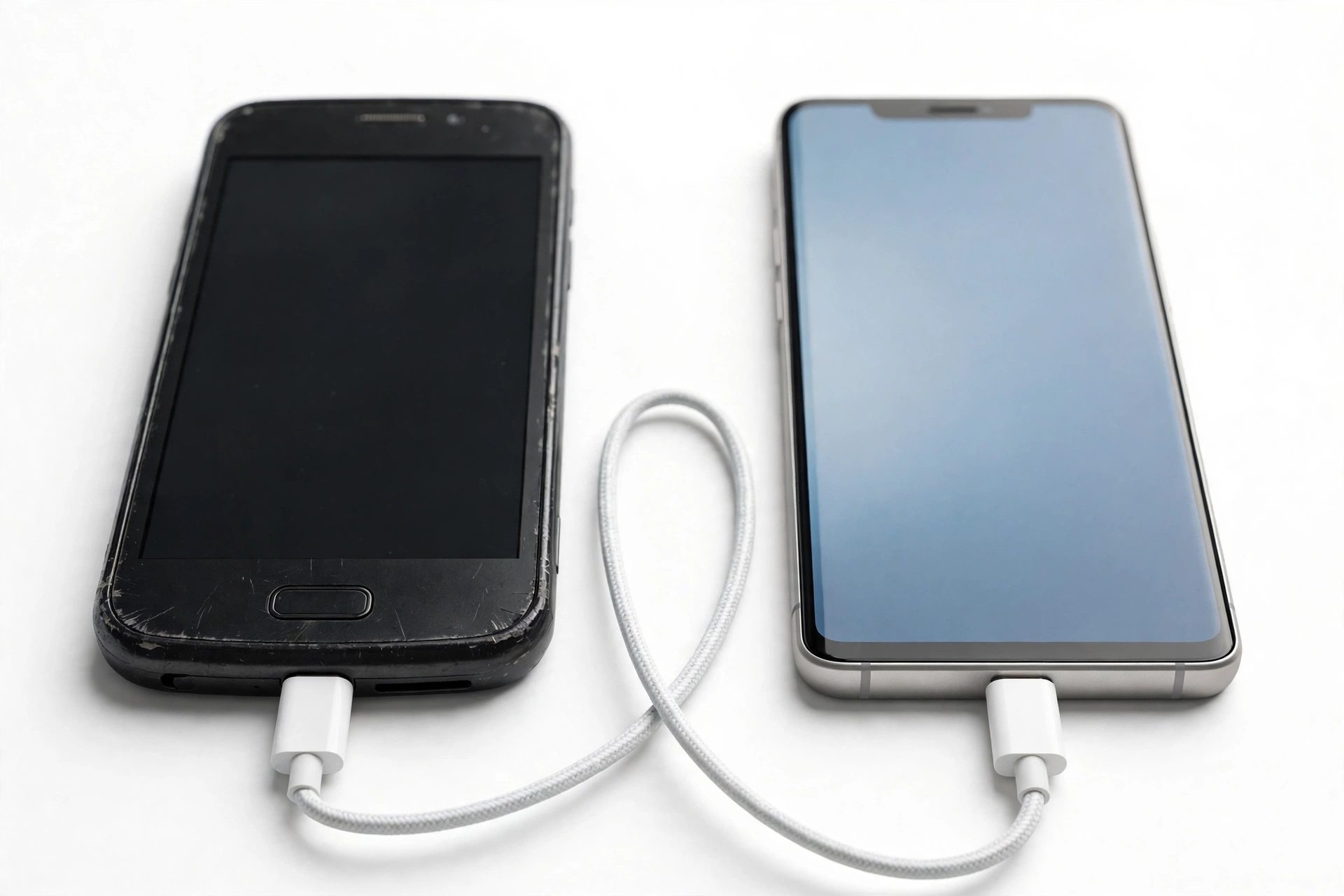 Two smartphones connected by cable transferring data
