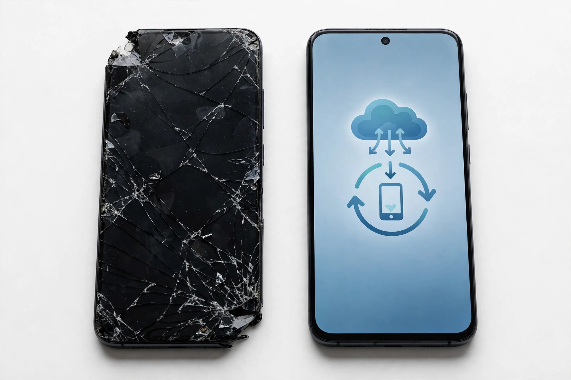 Broken phone next to new phone with data recovery concept