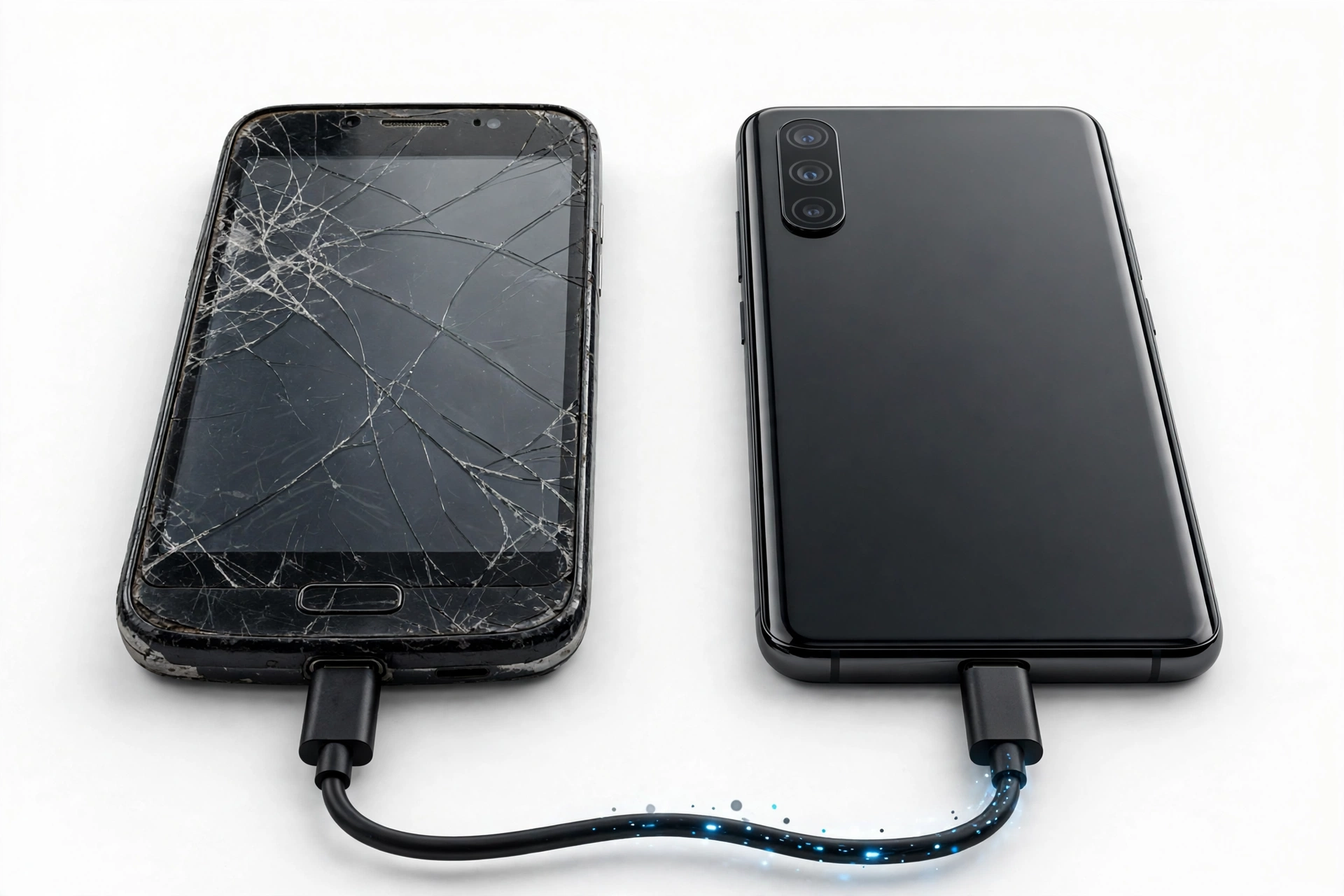 Two phones connected by cable for data transfer