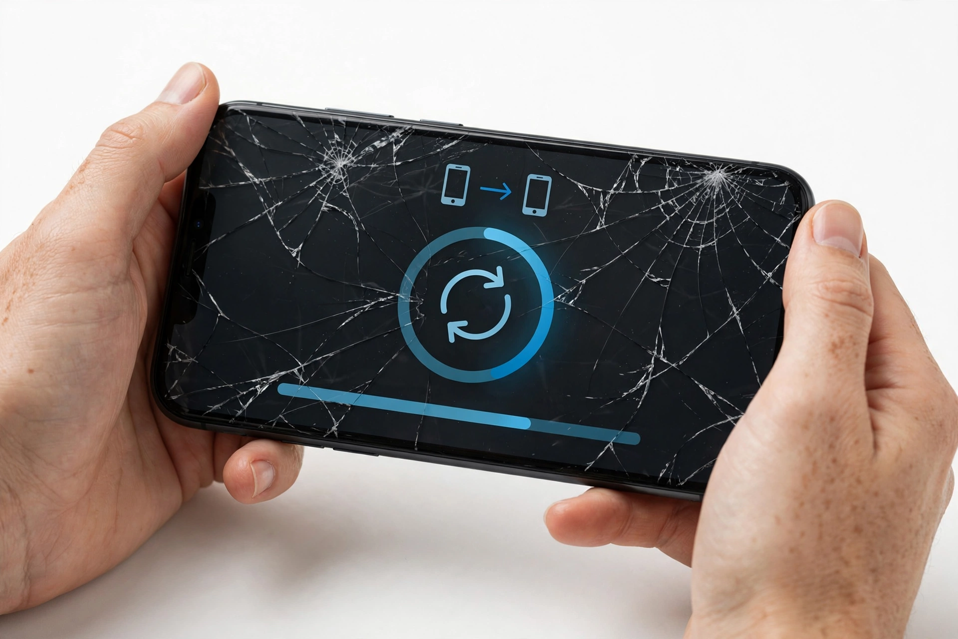 Person holding broken-screen phone during data migration