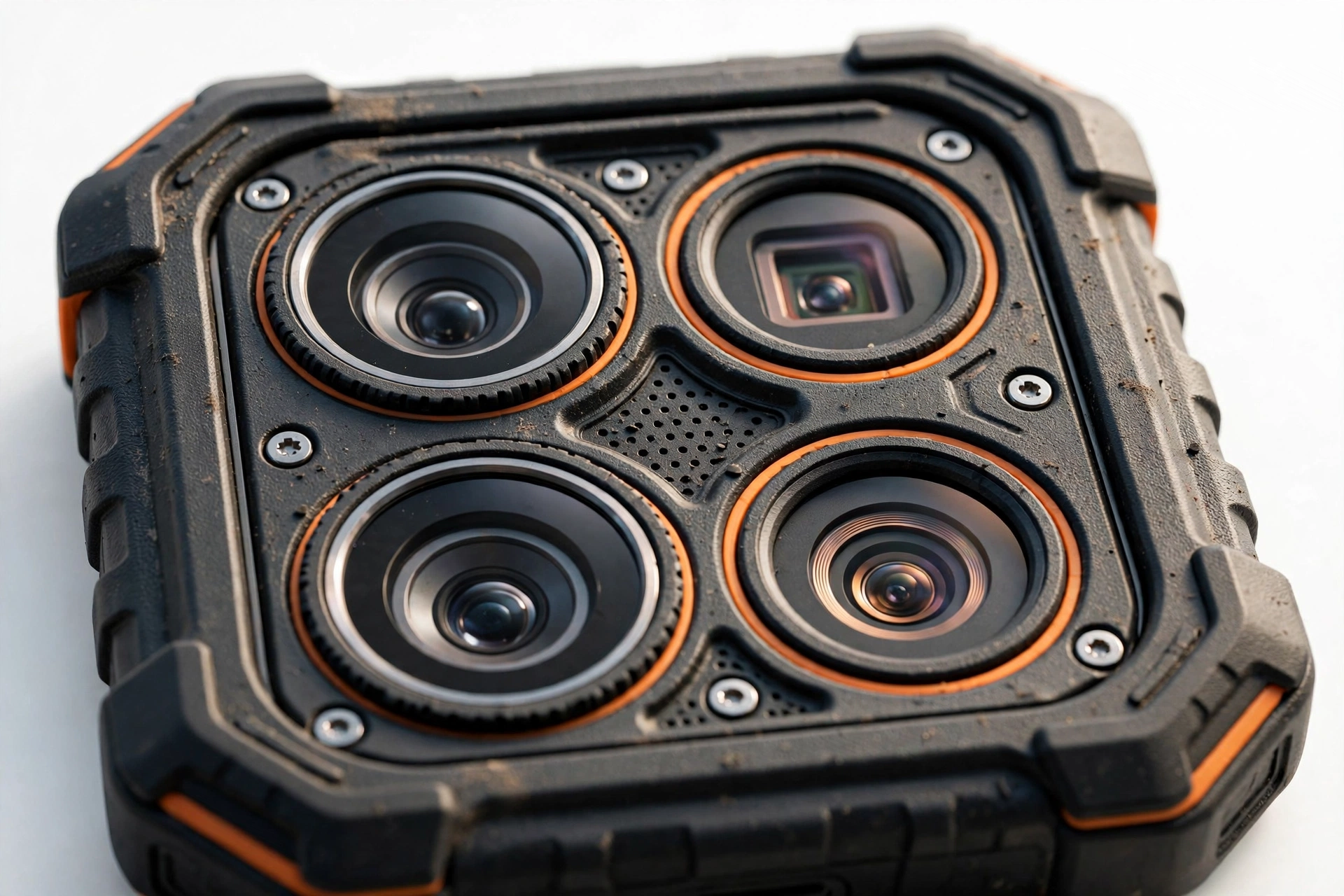Close-up of a rugged smartphone rear camera module with multiple lenses