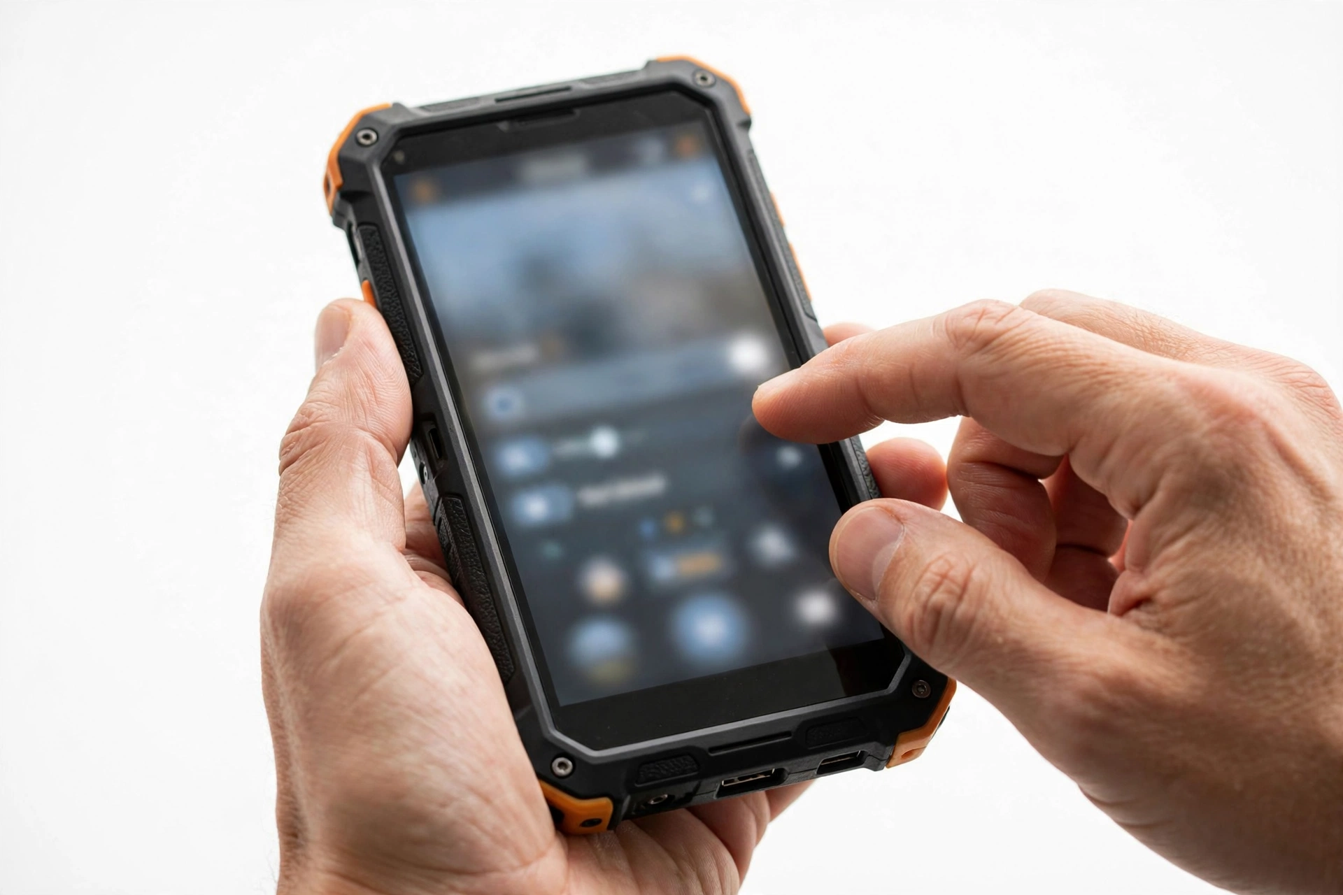 Hands holding a rugged smartphone checking camera app settings