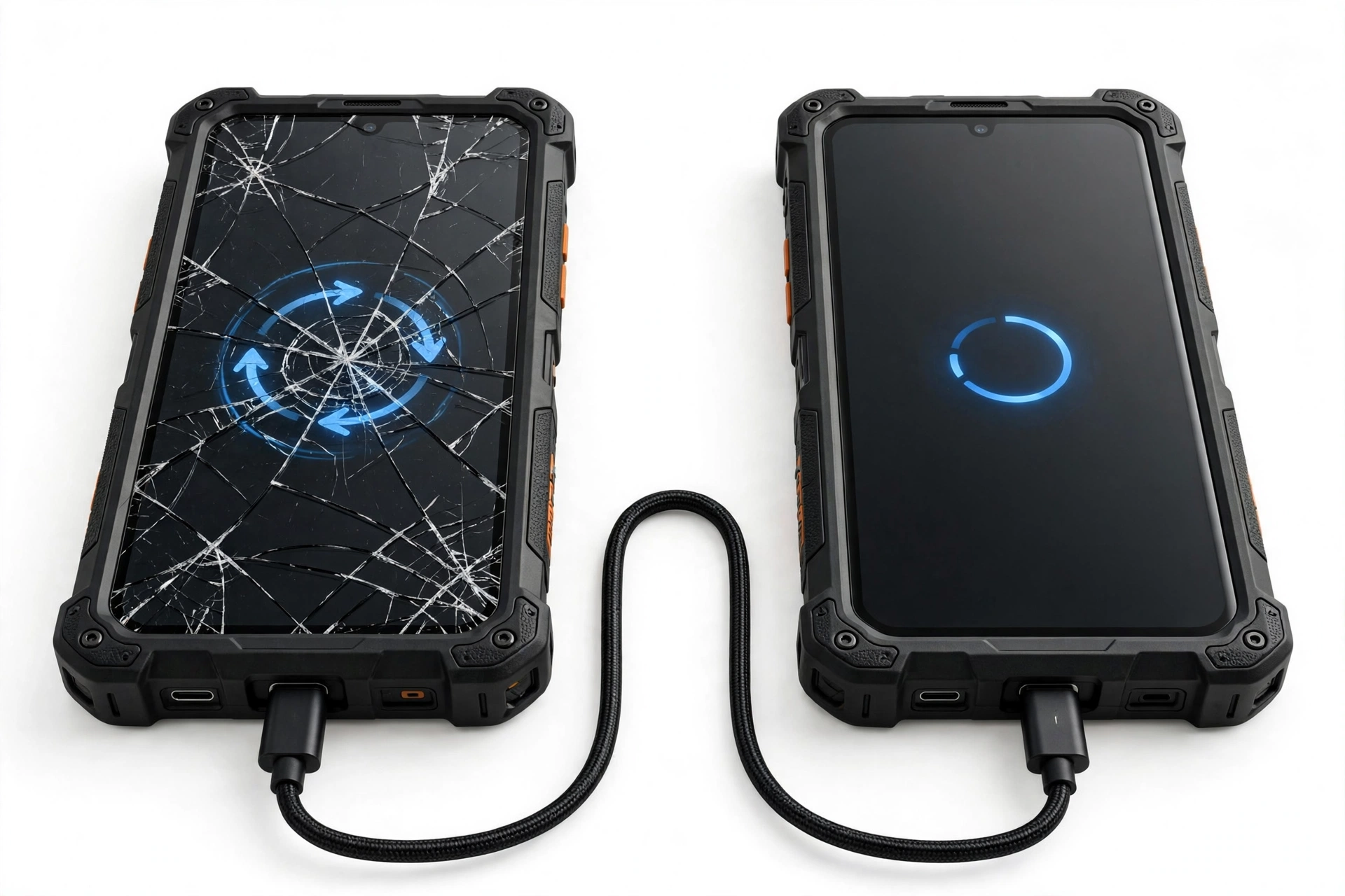 Two rugged smartphones connected by cable transferring data