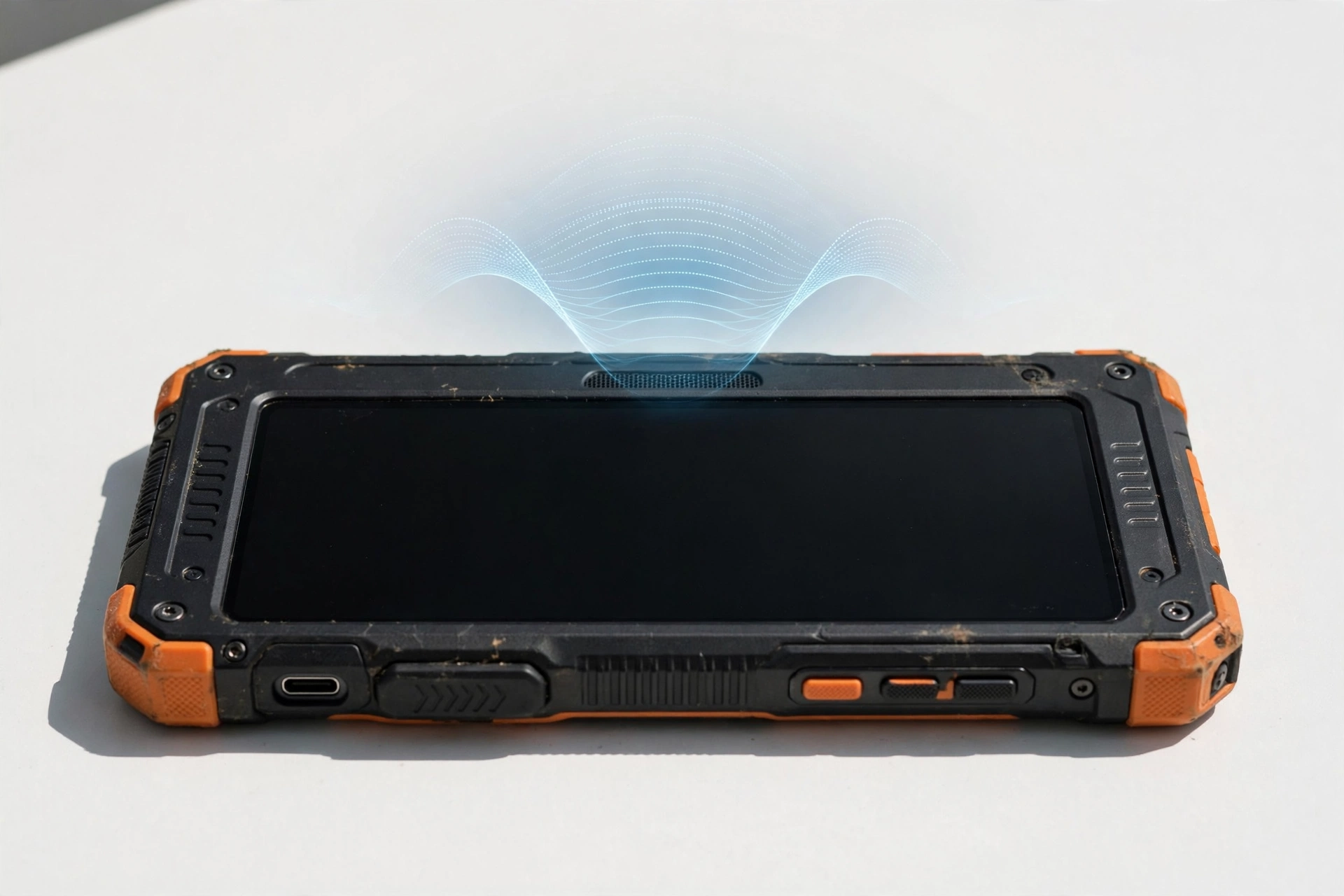 Rugged smartphone with sound wave visual above the speaker area