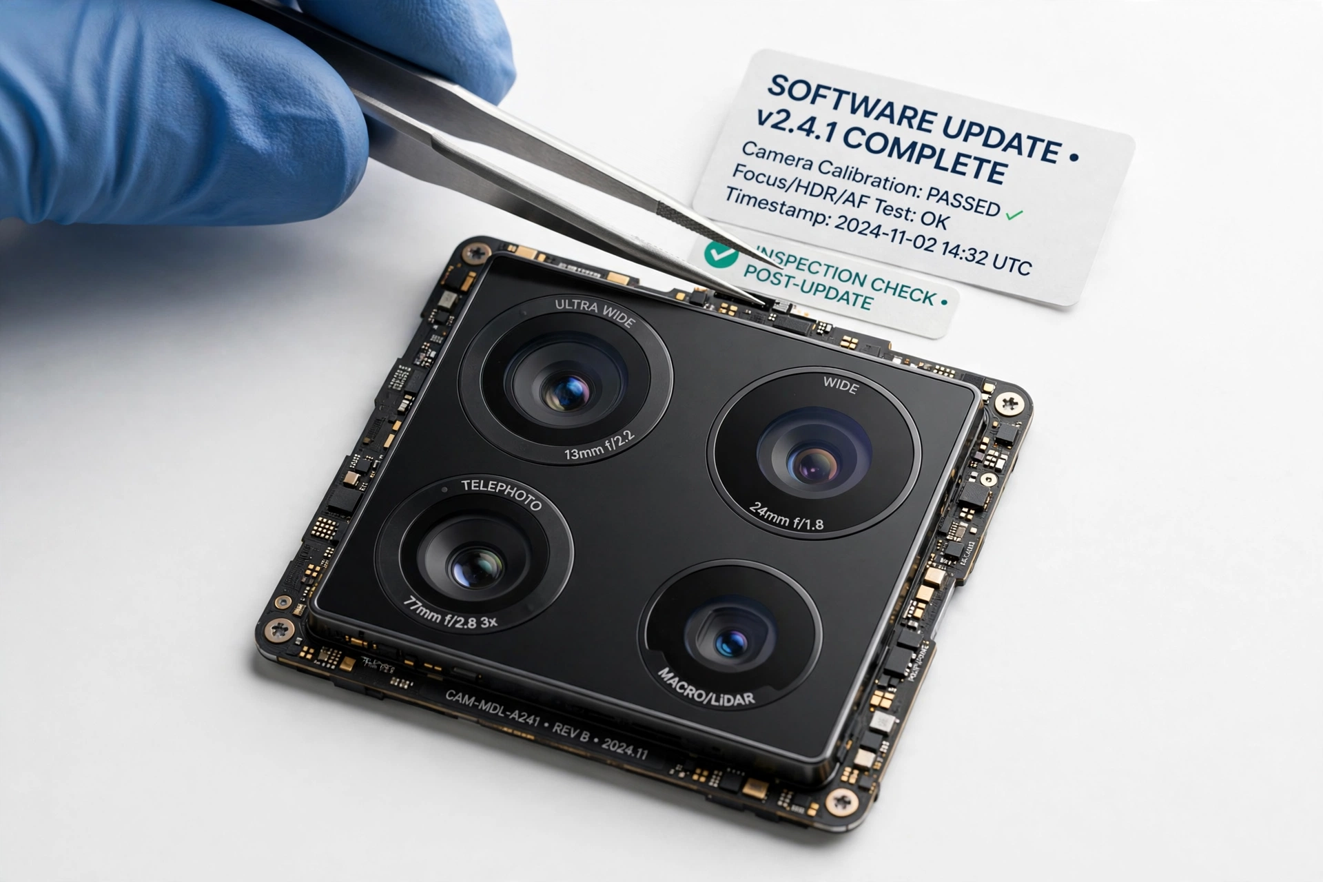 Close-up of a smartphone rear camera module being inspected after a software update