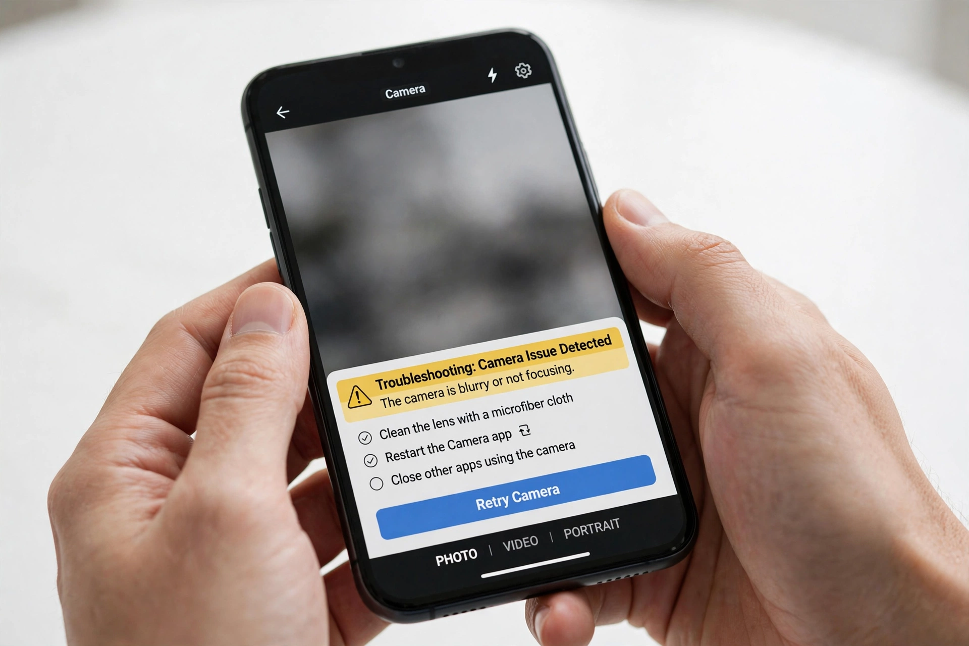 Hands holding a smartphone with the camera app open, troubleshooting a camera issue