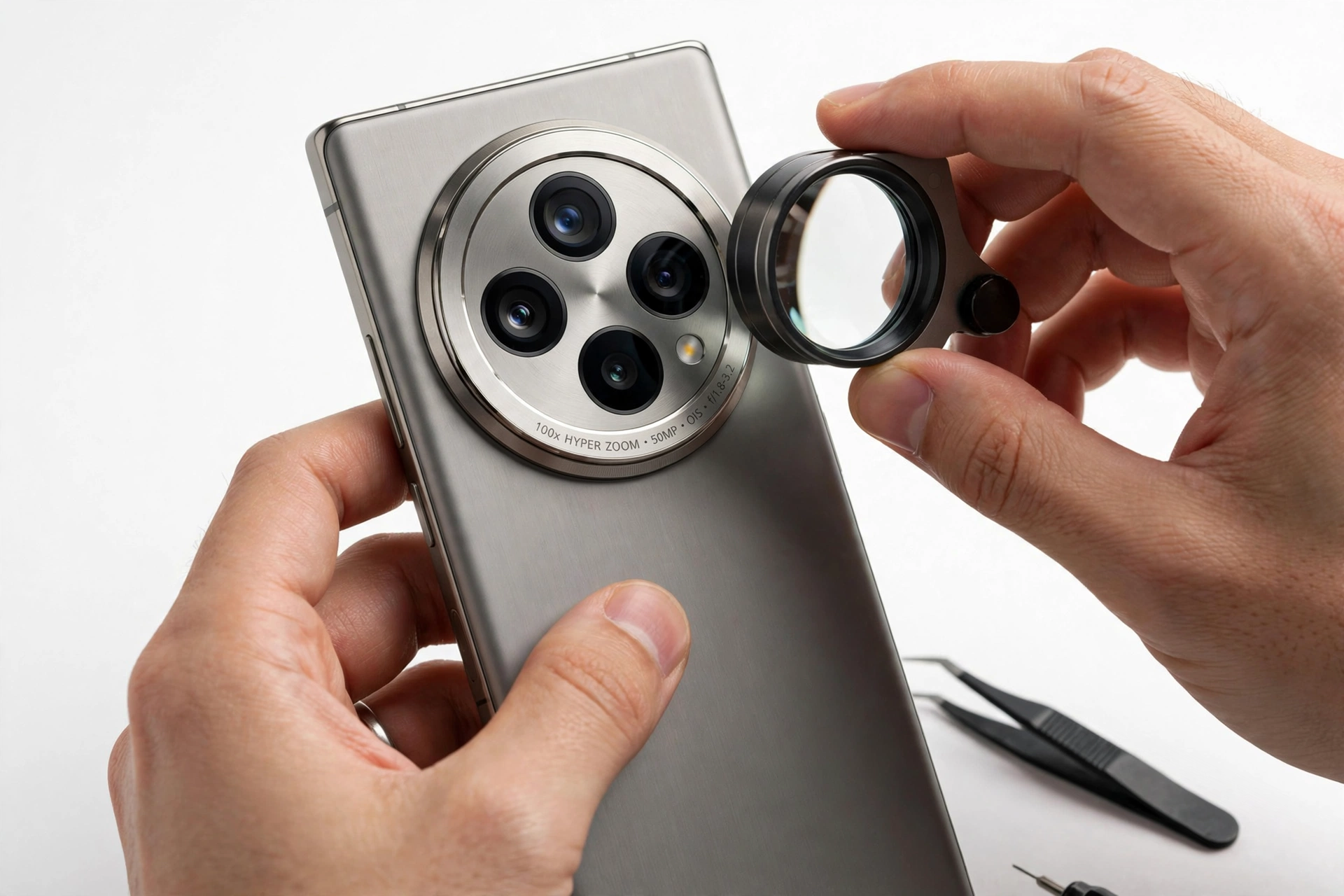 Premium smartphone with large circular camera array examined for authenticity details
