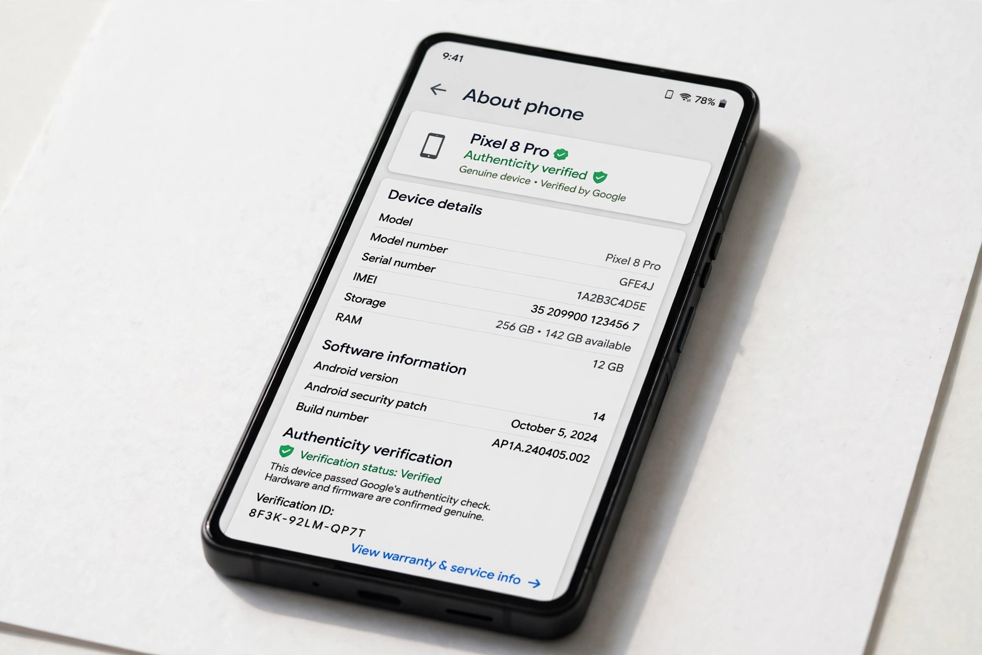 Smartphone about-phone screen showing model and serial information