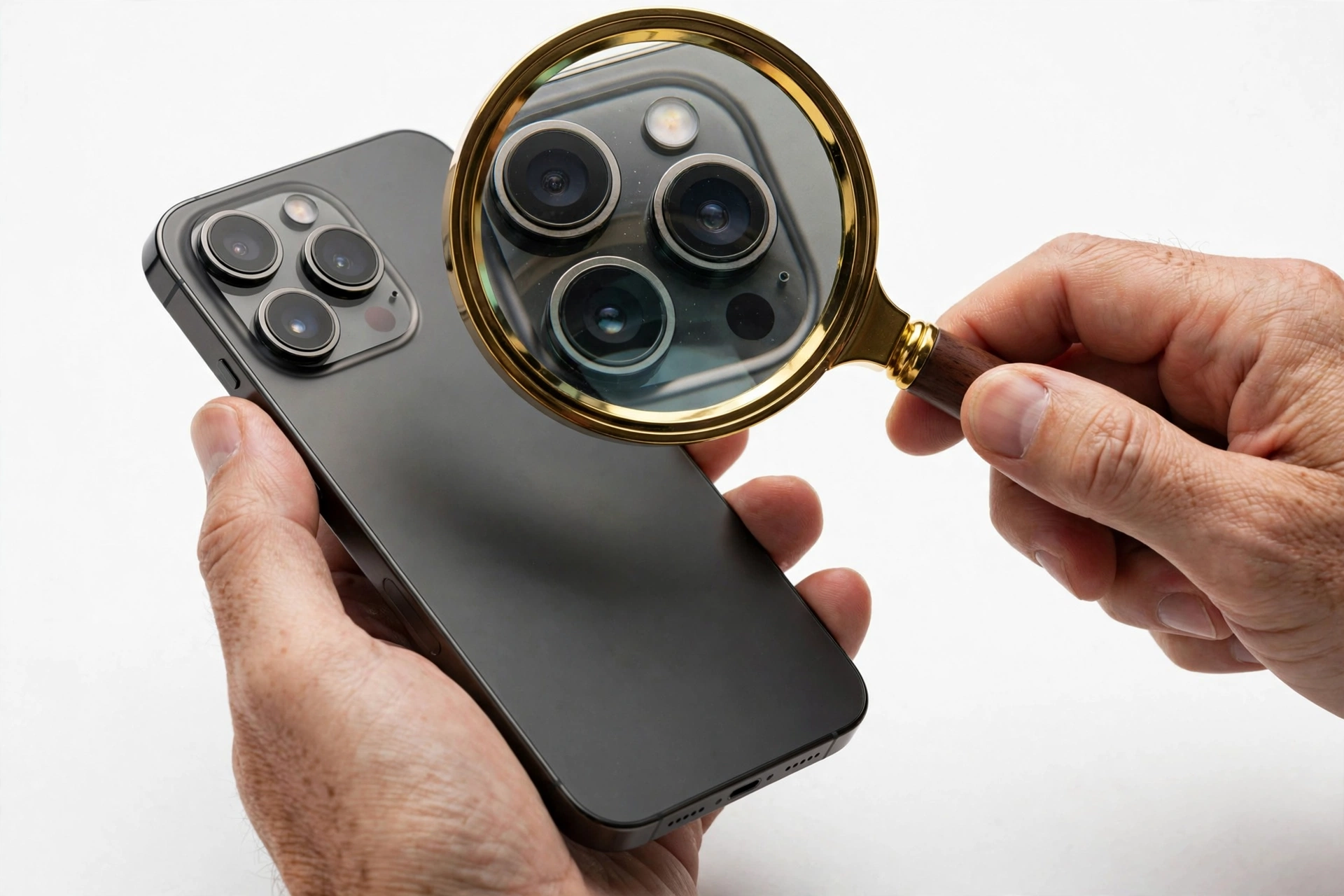 Person examining a premium smartphone with magnifying glass for authenticity