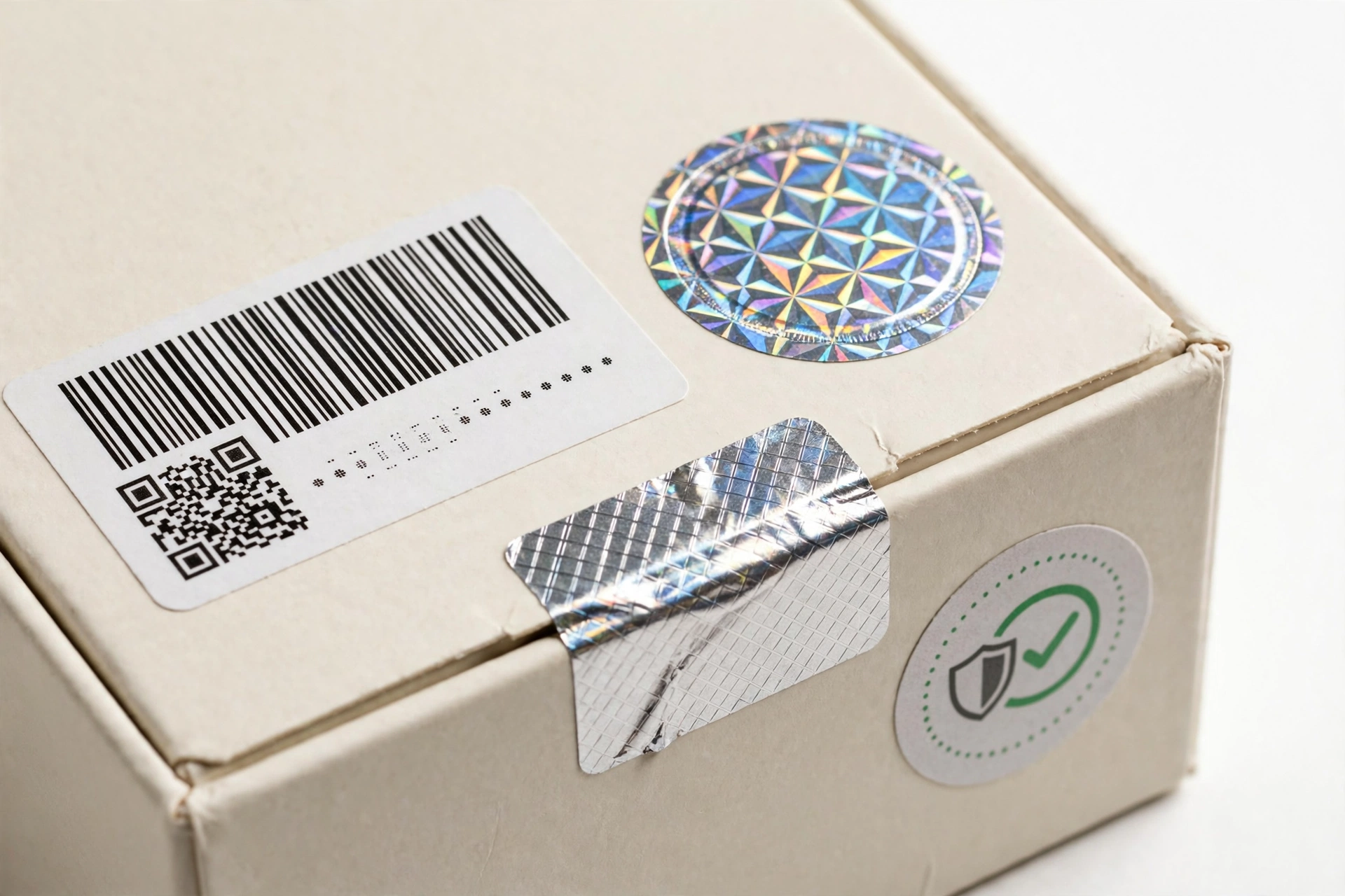Smartphone box with serial number and verification labels close-up