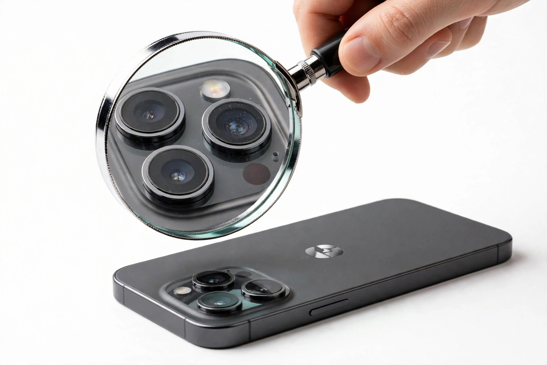 Magnifying glass over smartphone camera lenses for counterfeit detection