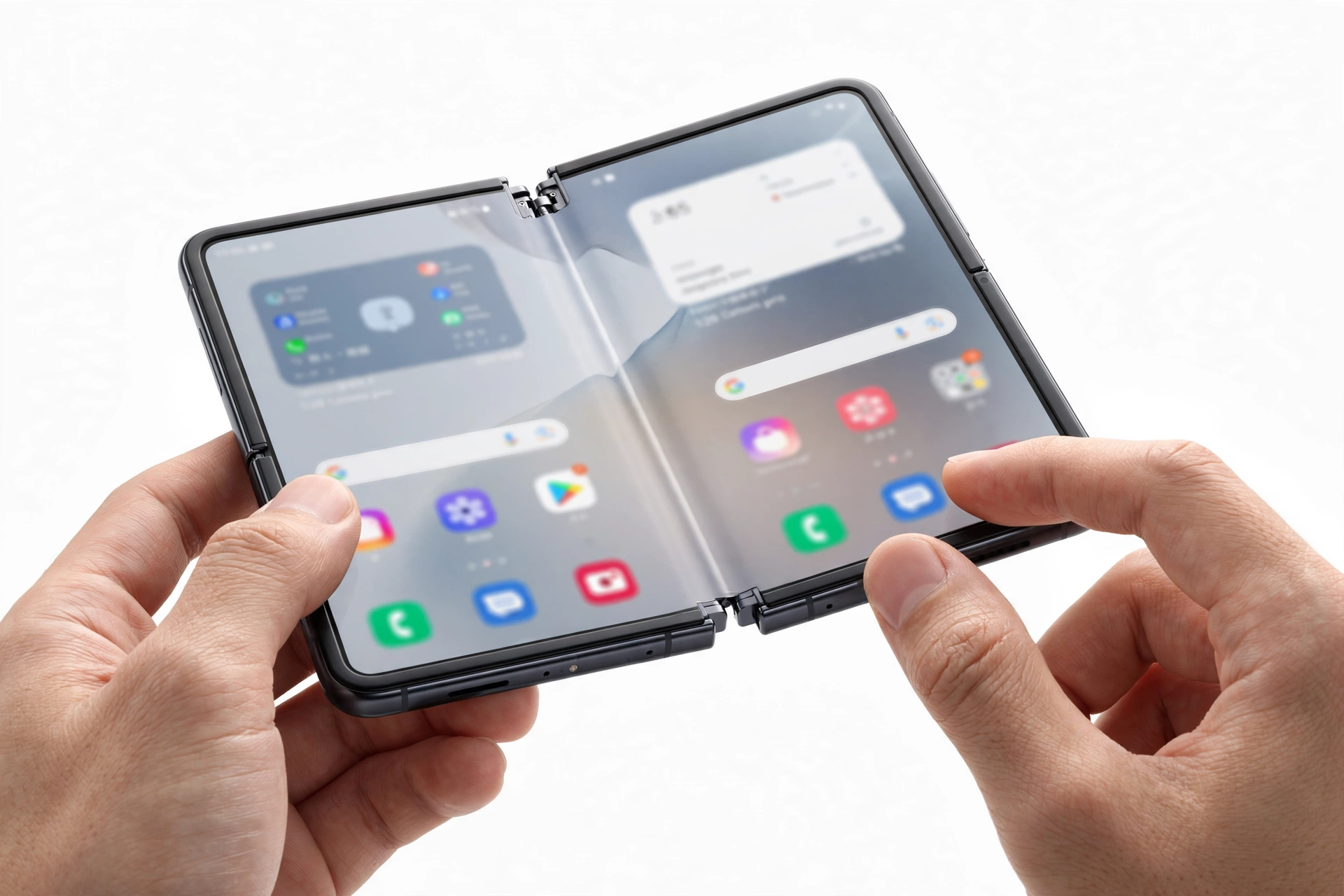 Hands holding a foldable smartphone half-open examining the hinge