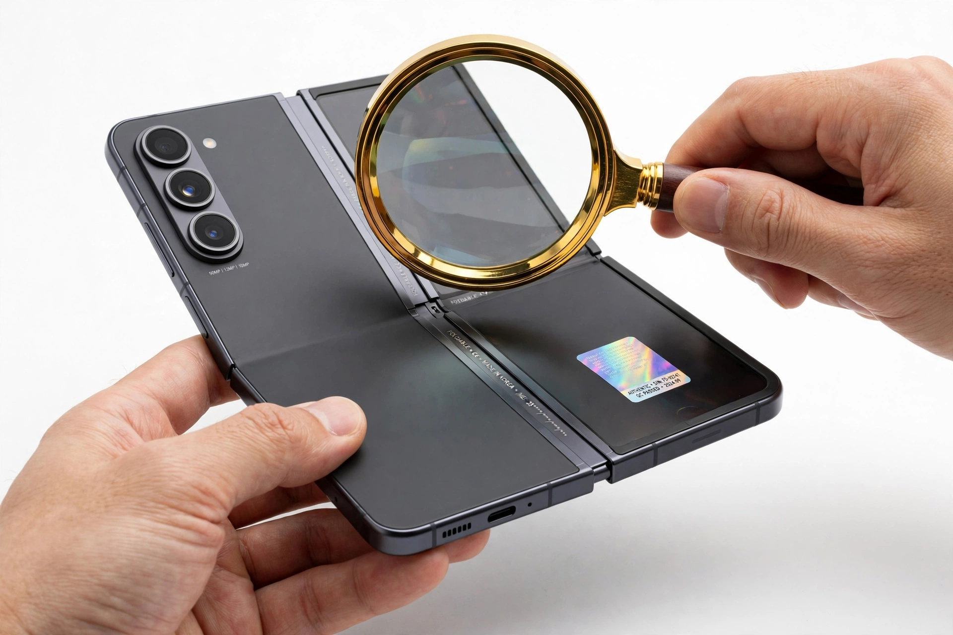 Person examining a foldable smartphone with magnifying glass for authenticity check