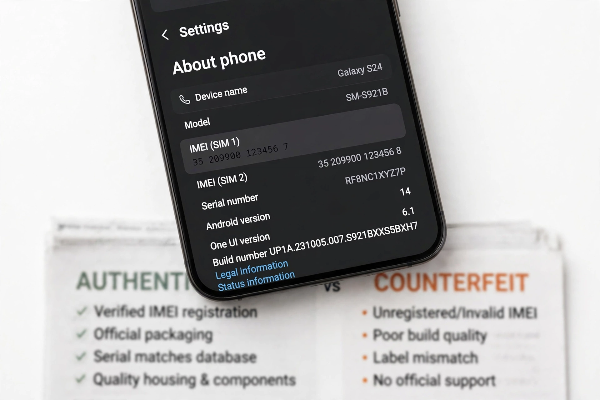 Smartphone screen showing IMEI number in settings menu