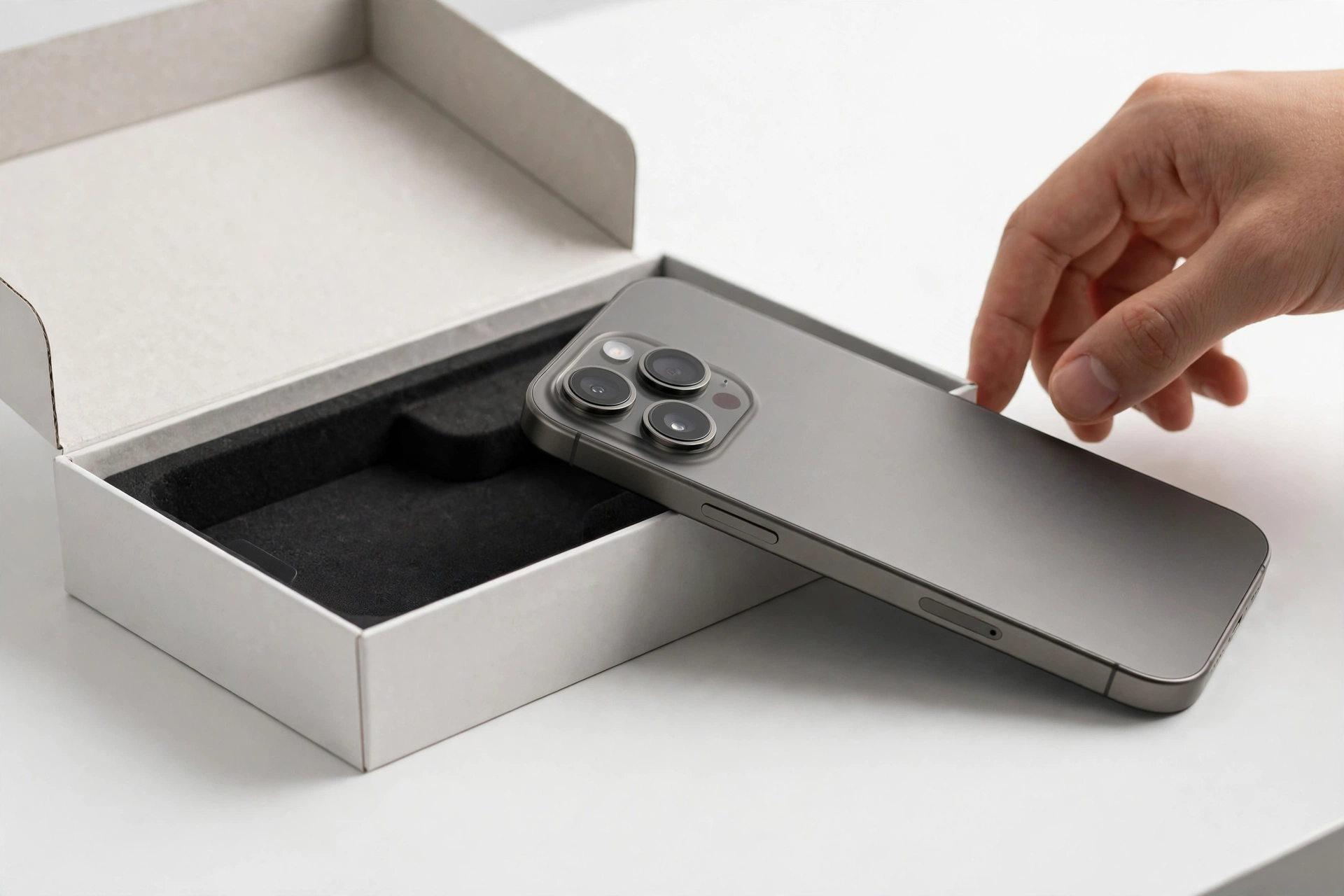 Smartphone and retail box being checked during an authenticity inspection