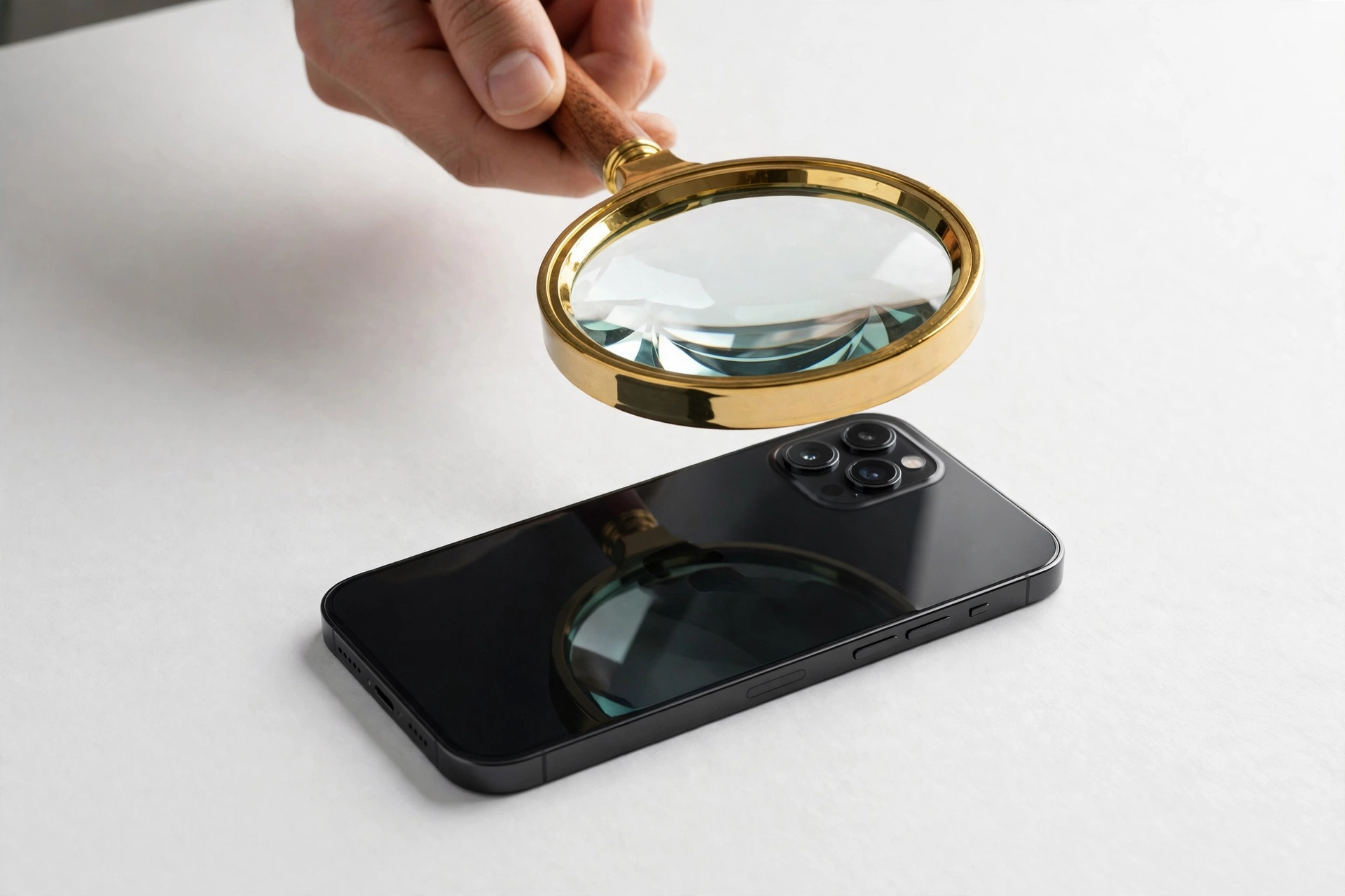 Inspecting a smartphone with a magnifying glass to verify authenticity